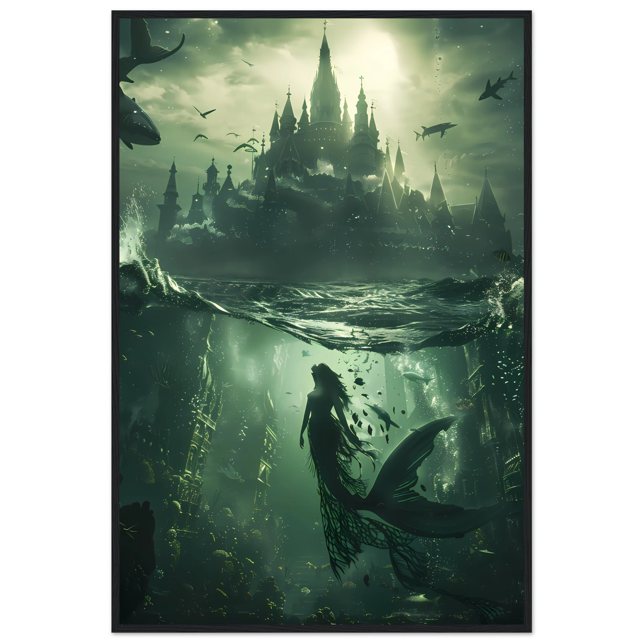 Mermaid queen in glowing coral palace underwater — fantasy ocean wall art print.