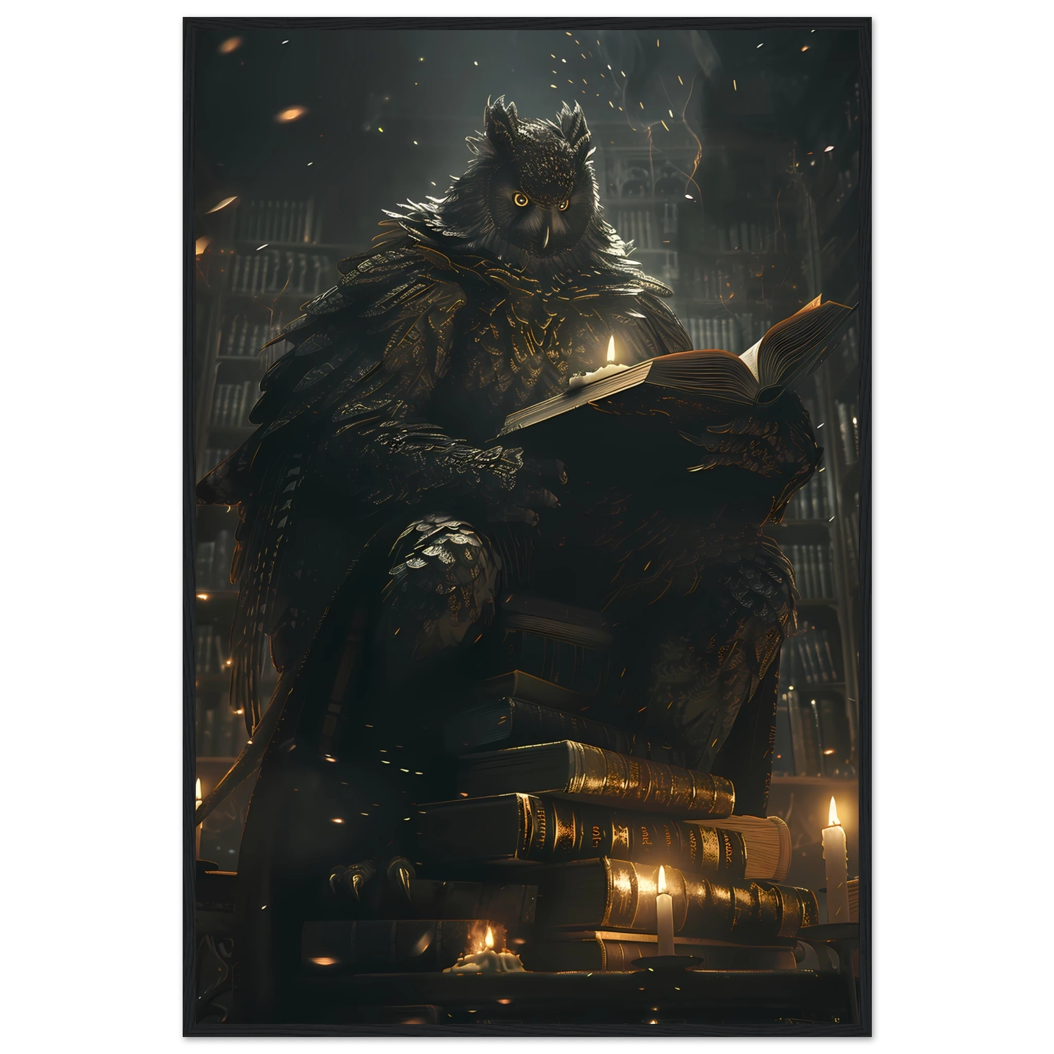 Giant Owl with spectacles perched on books under candlelight — scholarly fantasy pet wall art.