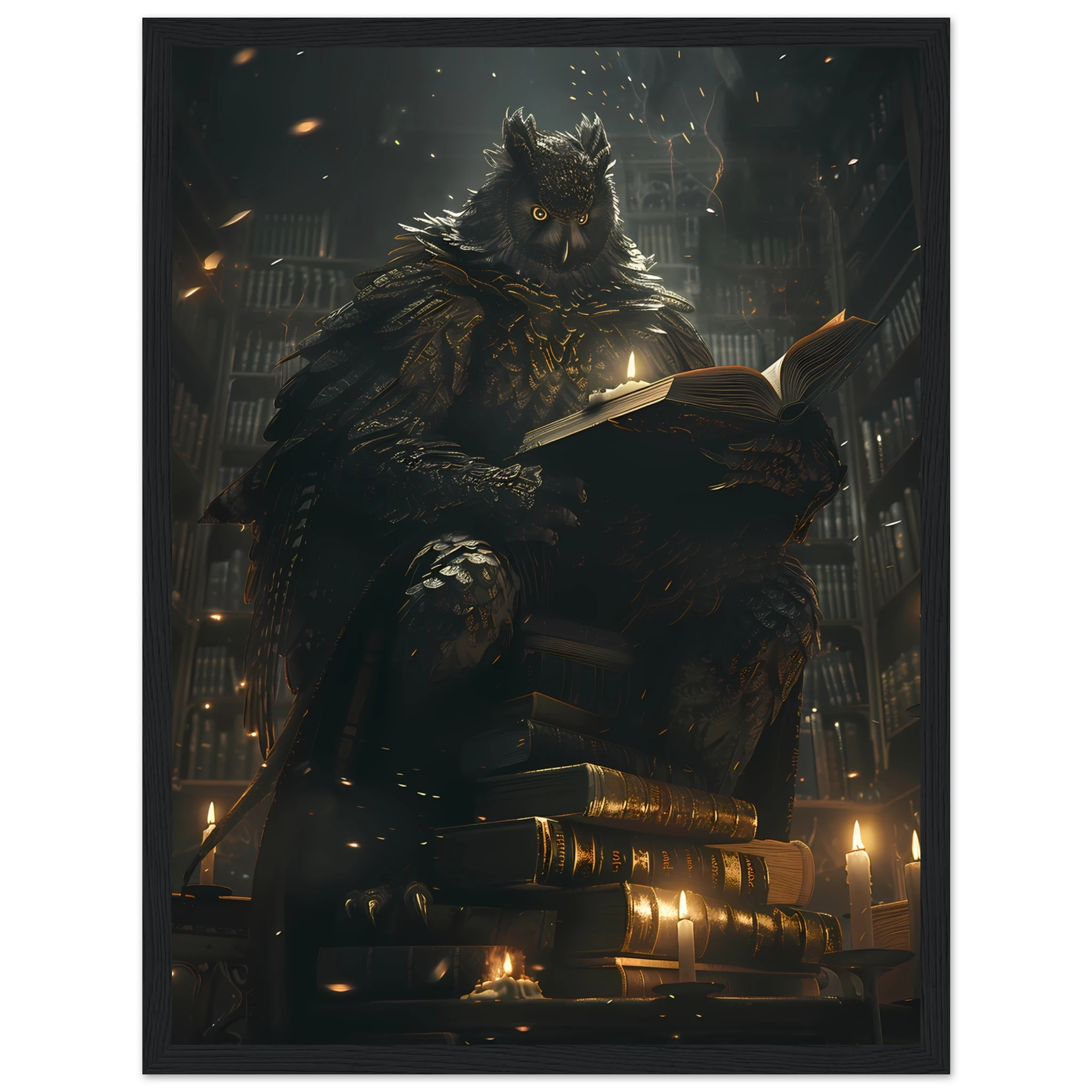 Giant Owl with spectacles perched on books under candlelight — scholarly fantasy pet wall art.