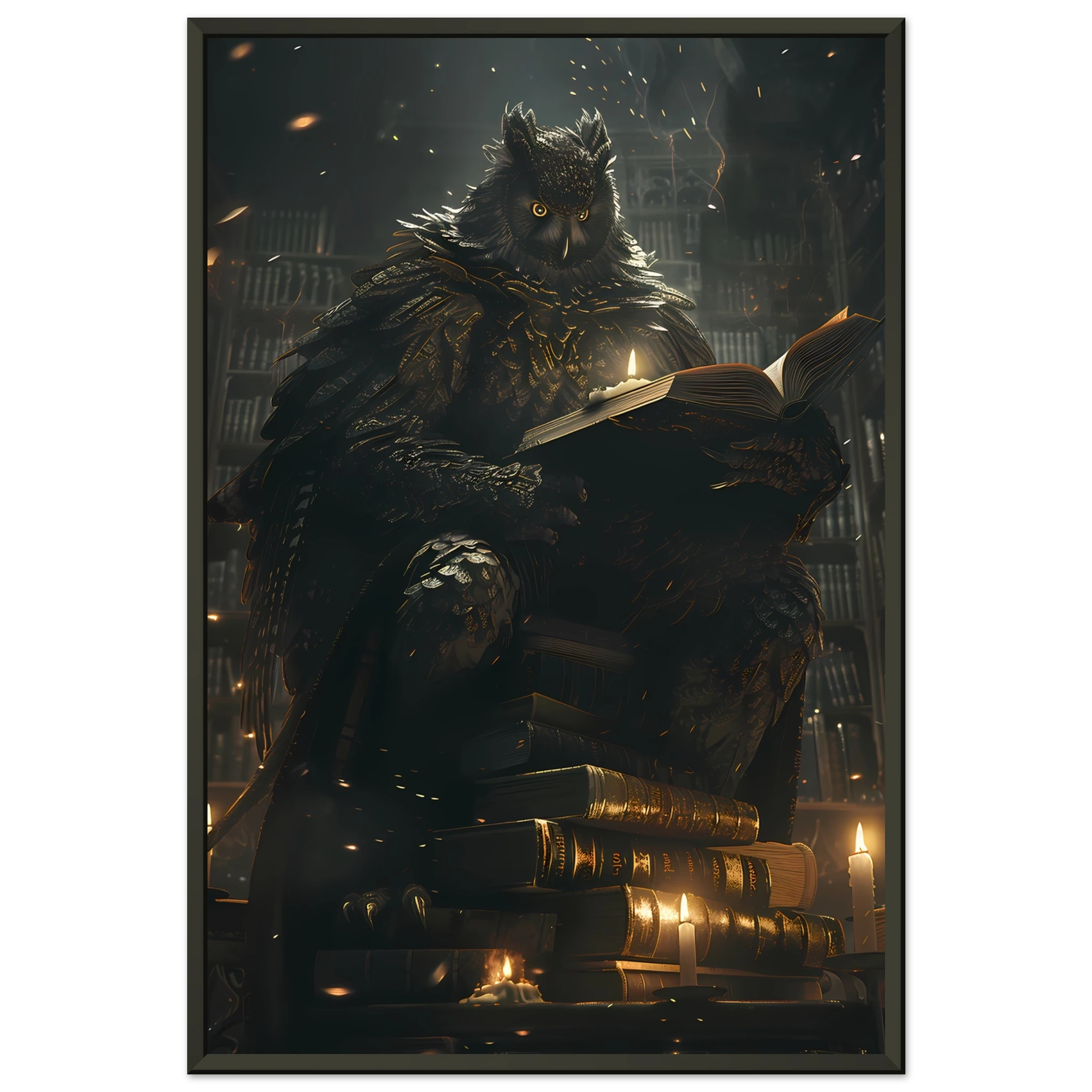 Giant Owl with spectacles perched on books under candlelight — scholarly fantasy pet wall art.