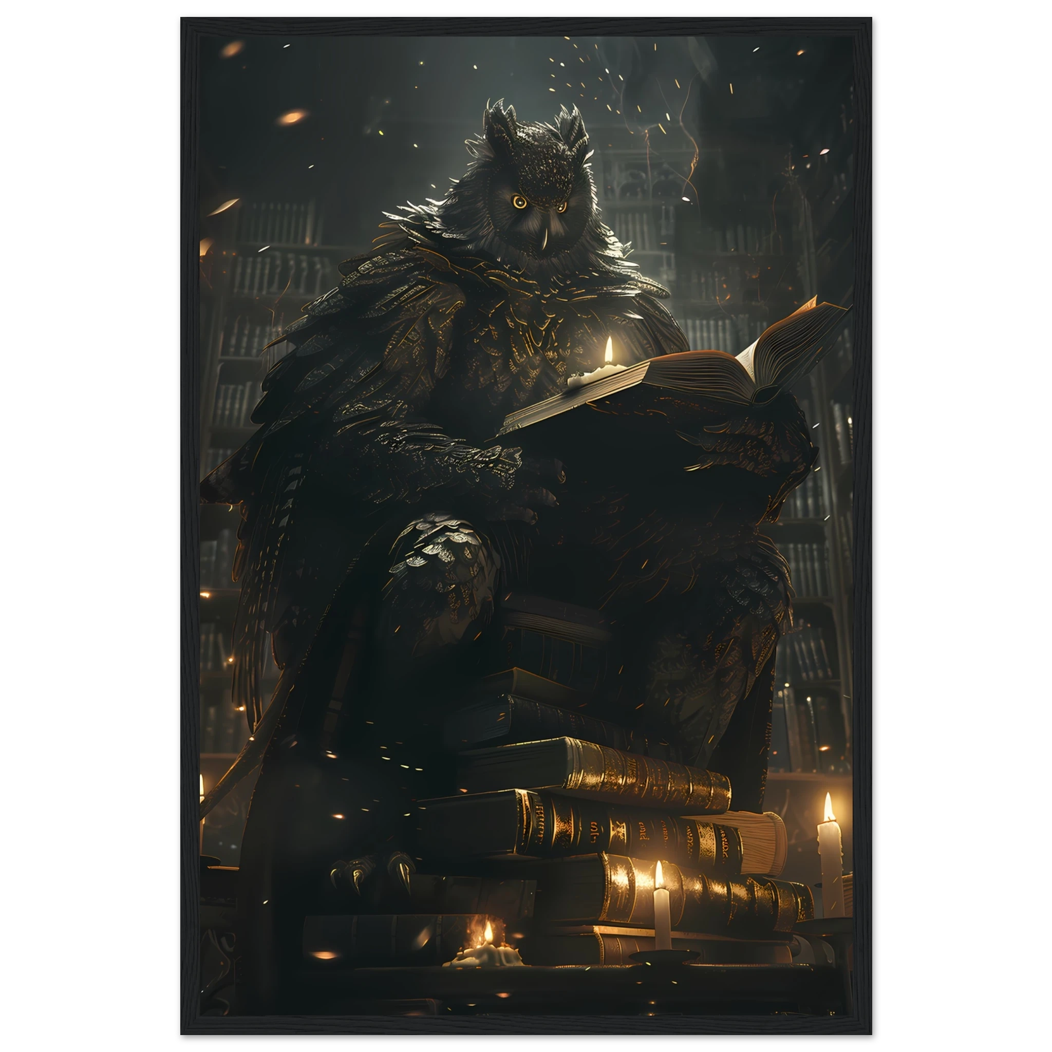 Giant Owl with spectacles perched on books under candlelight — scholarly fantasy pet wall art.