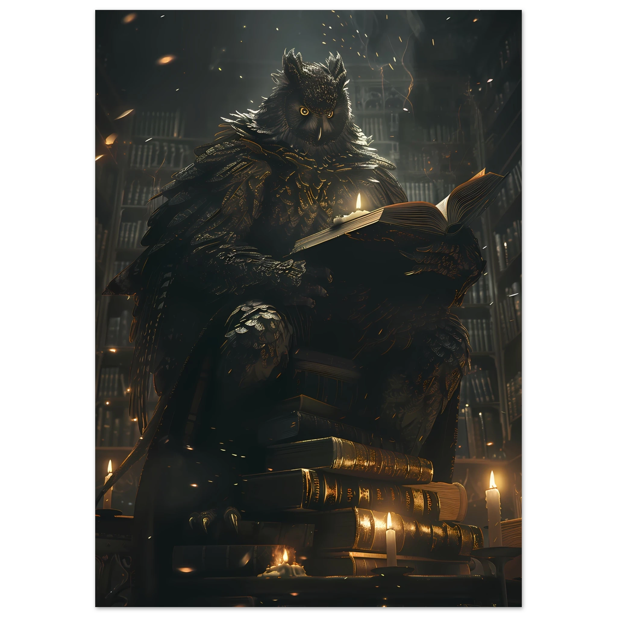 Giant Owl with spectacles perched on books under candlelight — scholarly fantasy pet wall art.