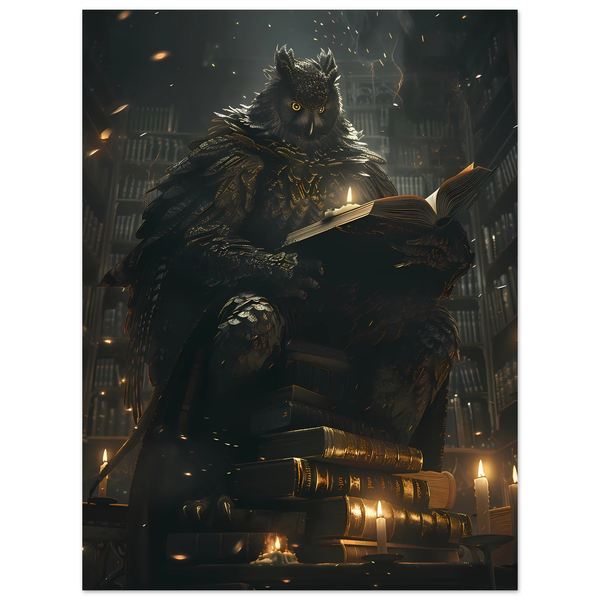 Giant Owl with spectacles perched on books under candlelight — scholarly fantasy pet wall art.