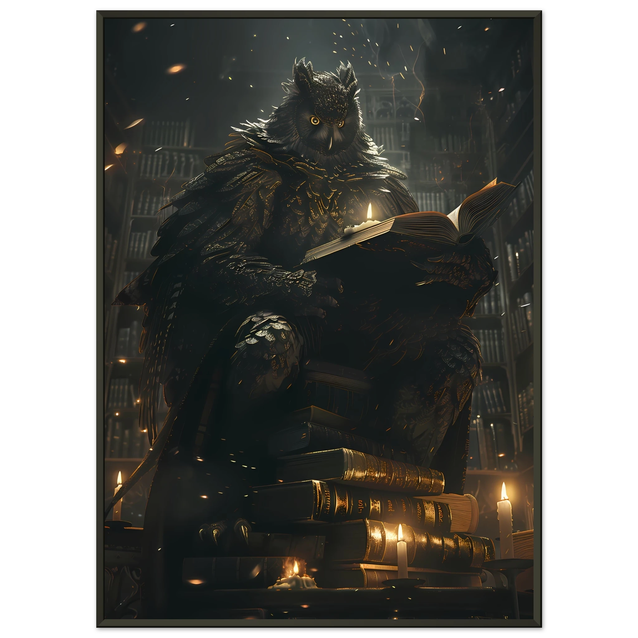 Giant Owl with spectacles perched on books under candlelight — scholarly fantasy pet wall art.