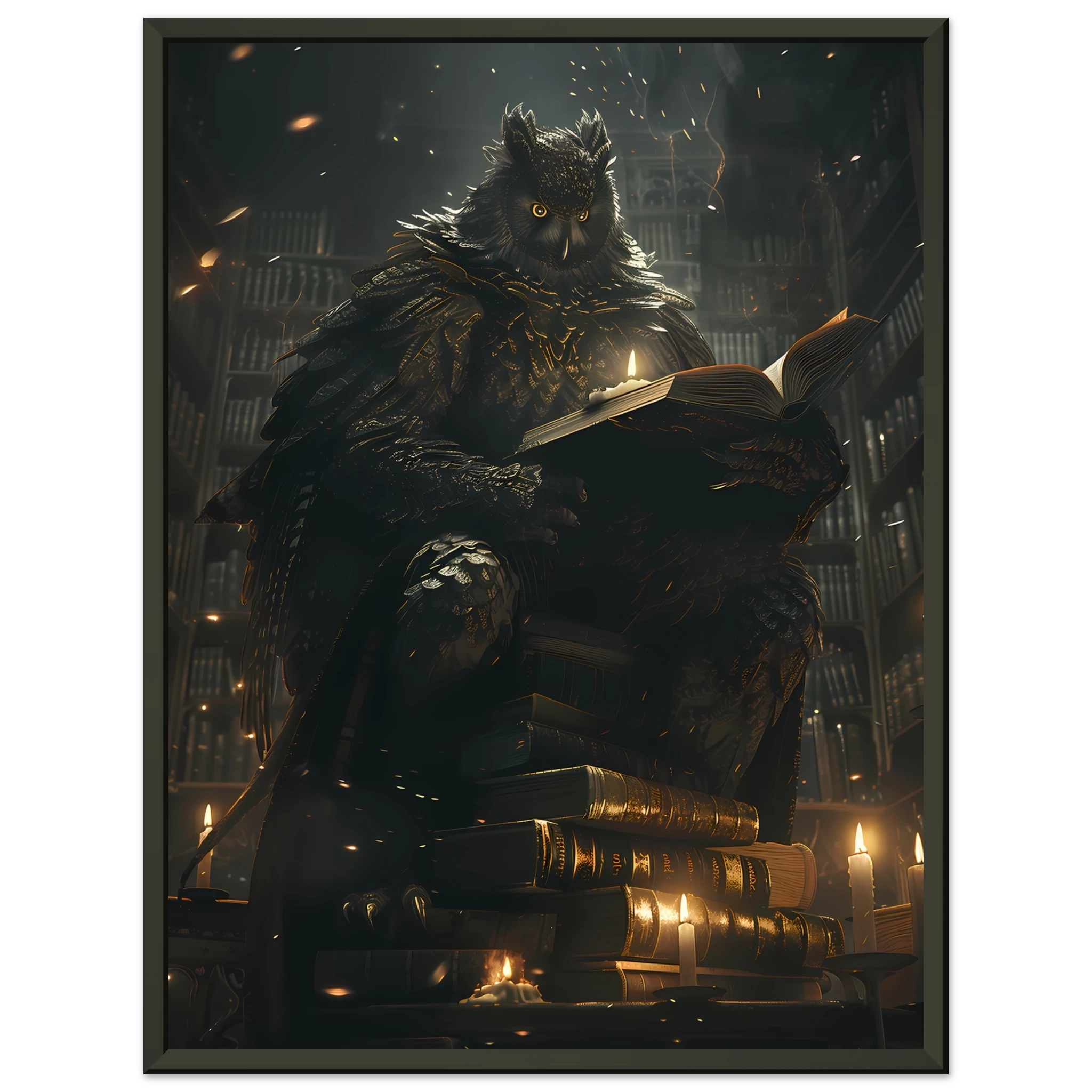 Giant Owl with spectacles perched on books under candlelight — scholarly fantasy pet wall art.