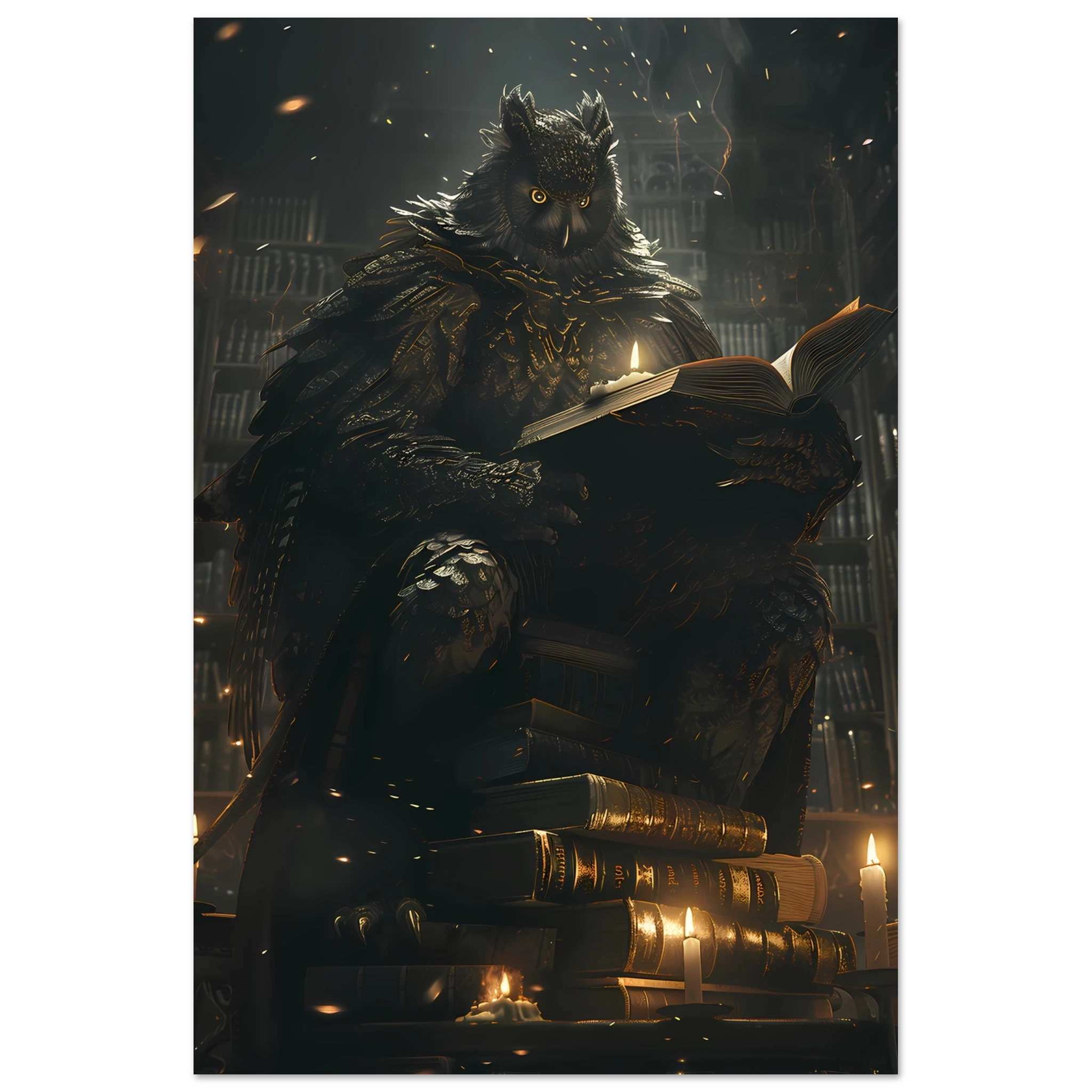 Giant Owl with spectacles perched on books under candlelight — scholarly fantasy pet wall art.