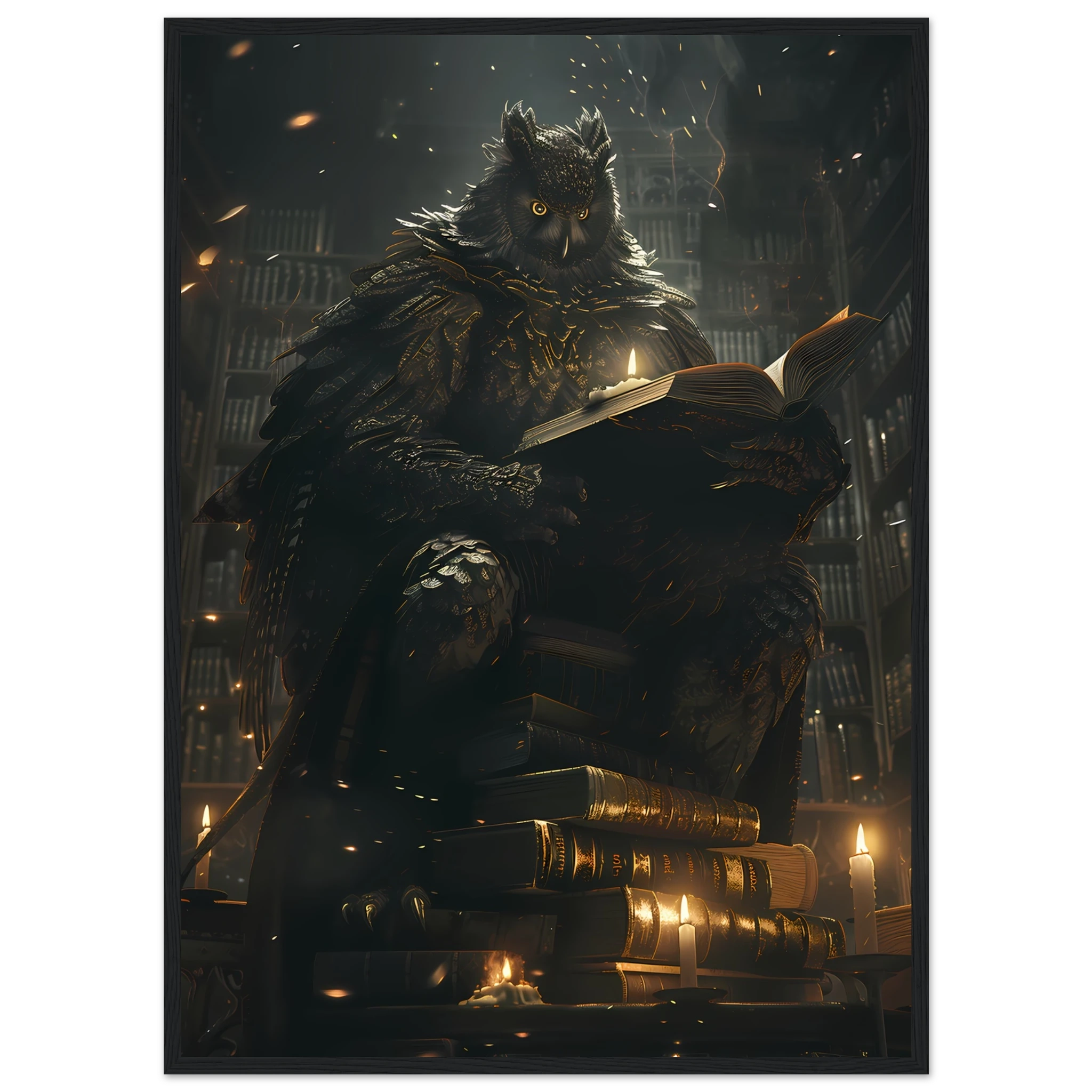 Giant Owl with spectacles perched on books under candlelight — scholarly fantasy pet wall art.