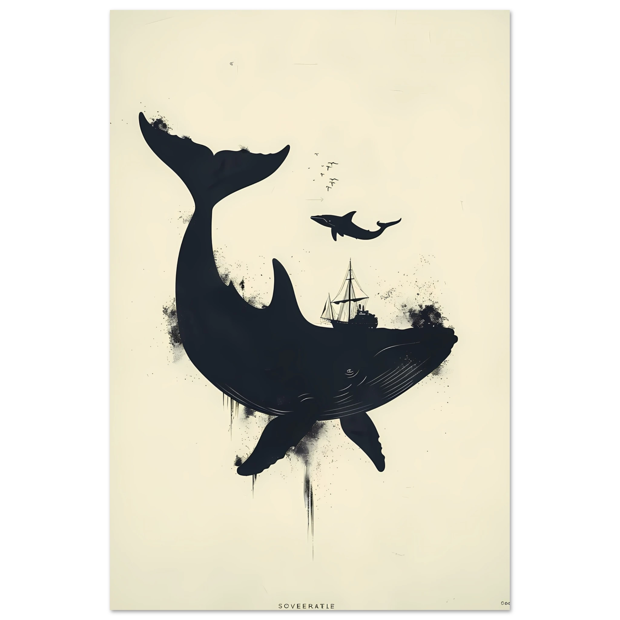 Simple navy whale silhouette on cream background — modern minimalist marine wall print.