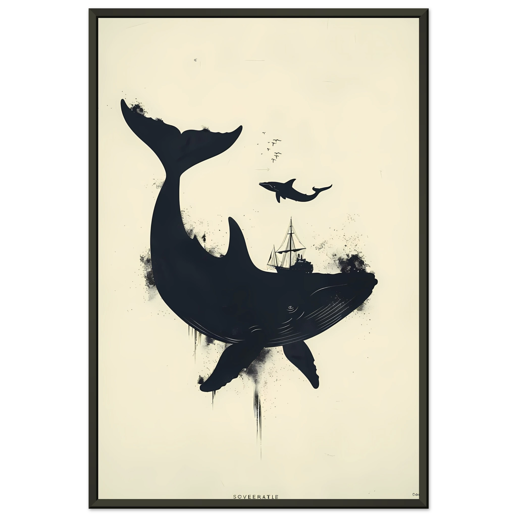 Simple navy whale silhouette on cream background — modern minimalist marine wall print.