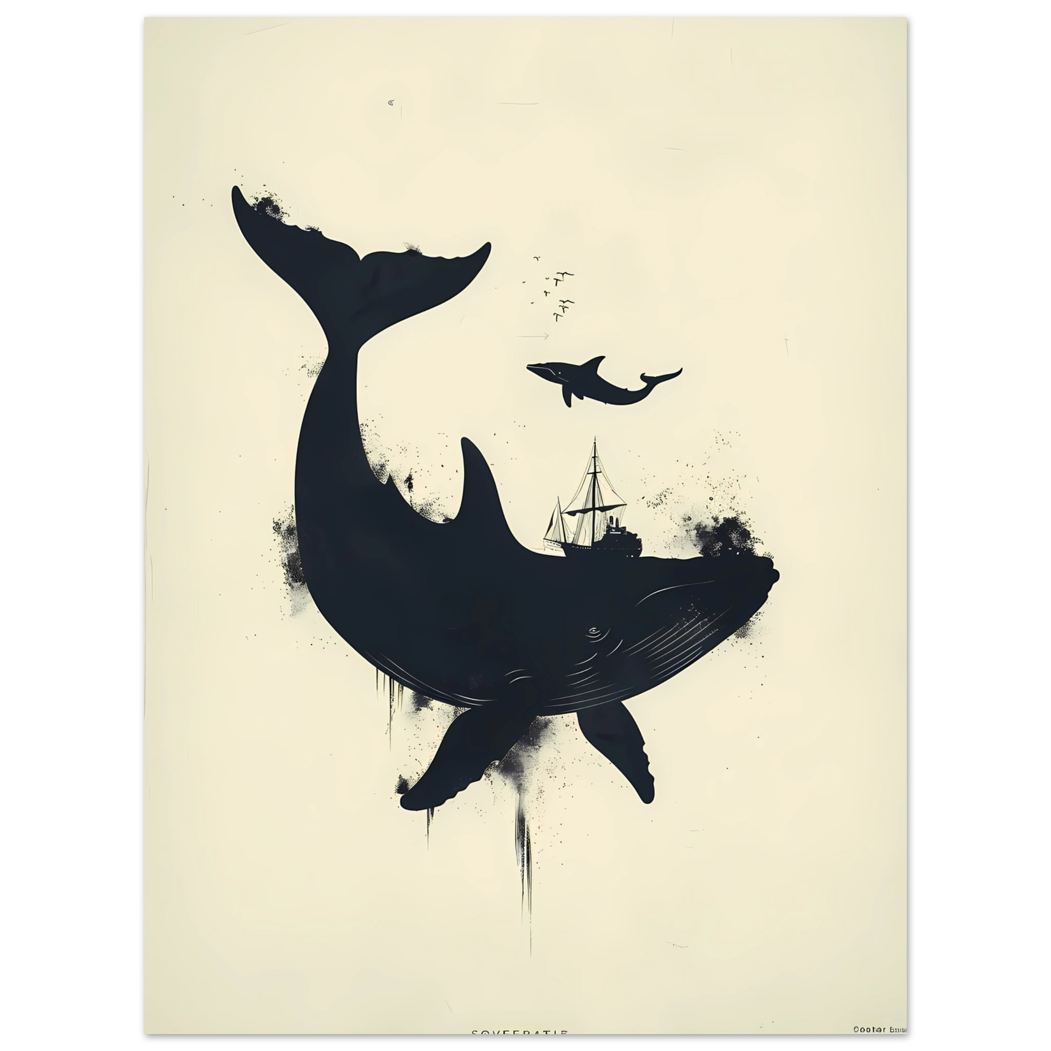 Simple navy whale silhouette on cream background — modern minimalist marine wall print.