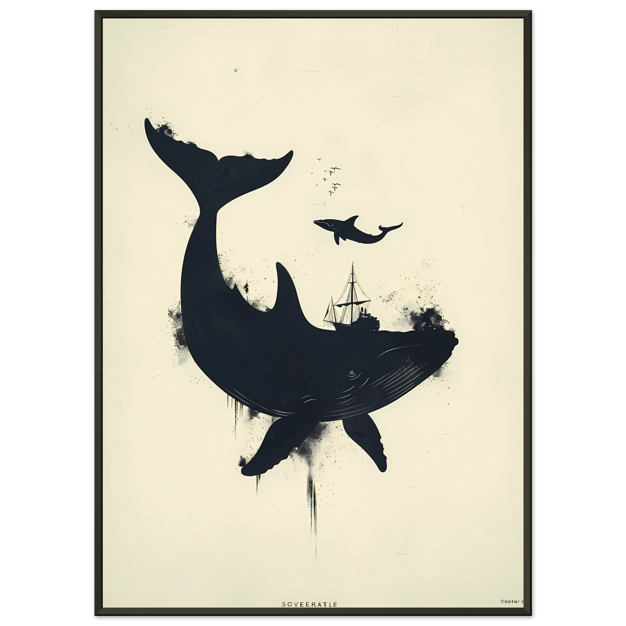 Simple navy whale silhouette on cream background — modern minimalist marine wall print.