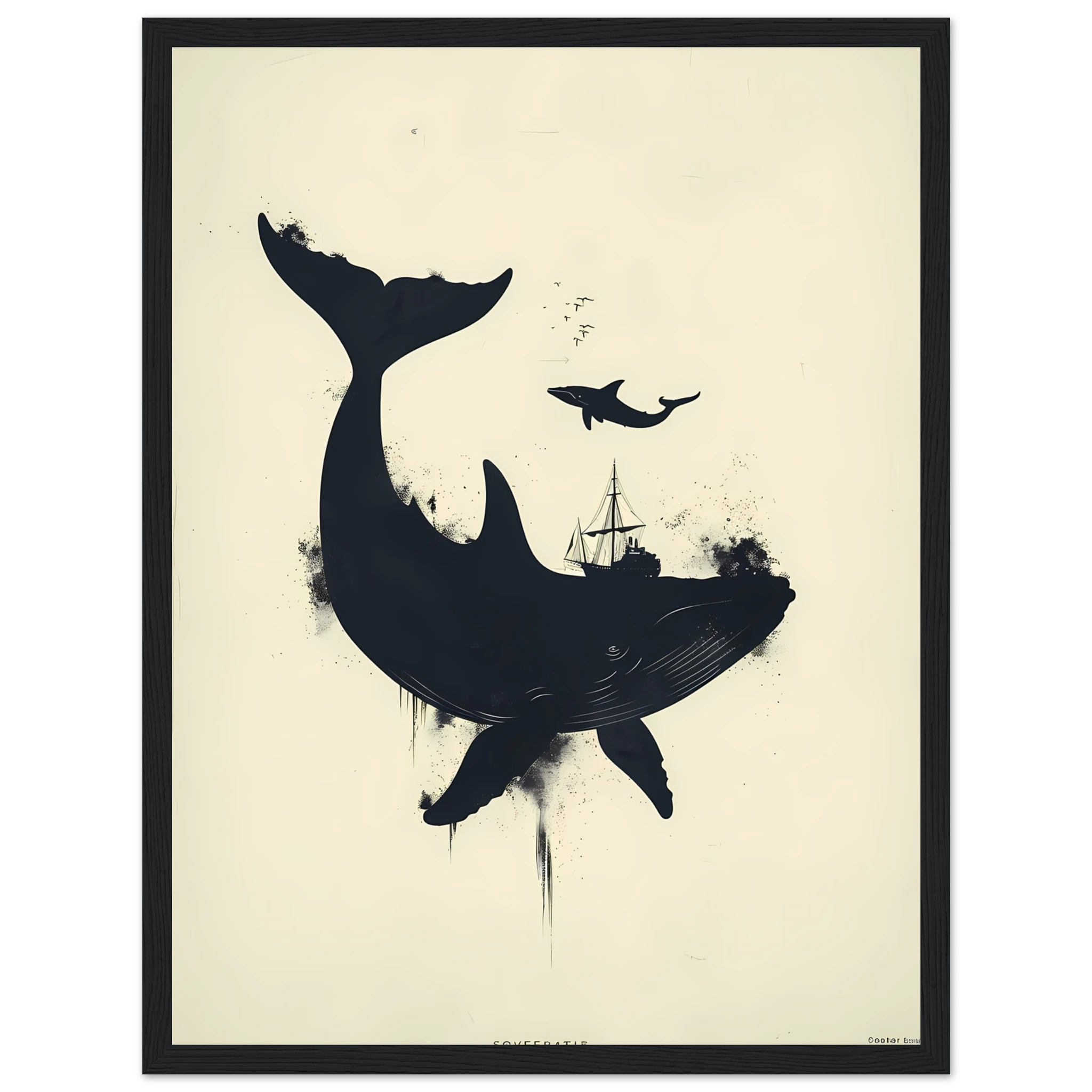 Simple navy whale silhouette on cream background — modern minimalist marine wall print.