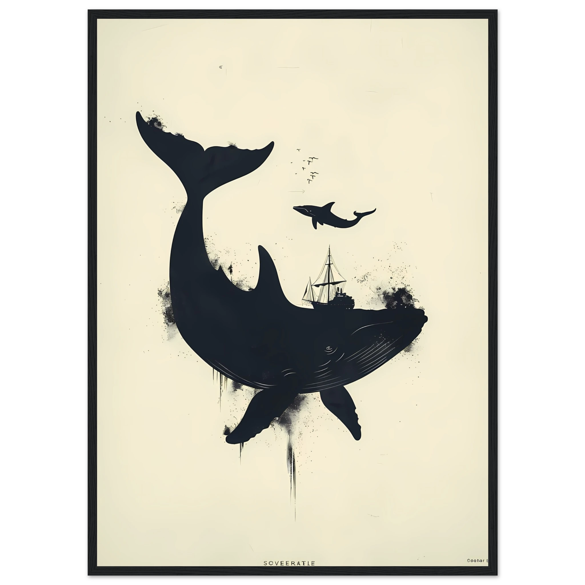 Simple navy whale silhouette on cream background — modern minimalist marine wall print.