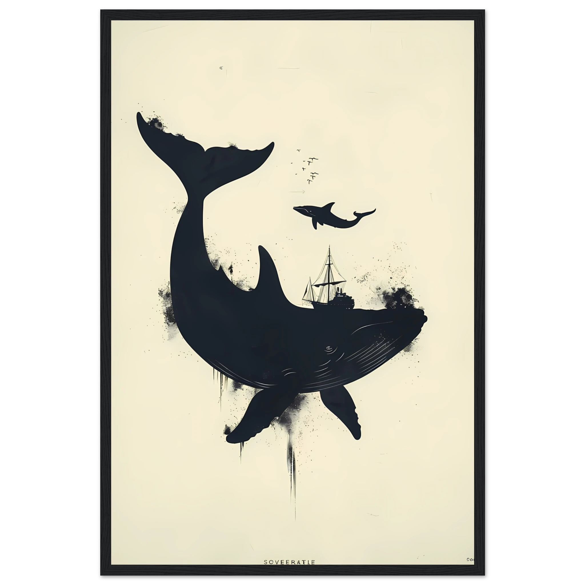 Simple navy whale silhouette on cream background — modern minimalist marine wall print.