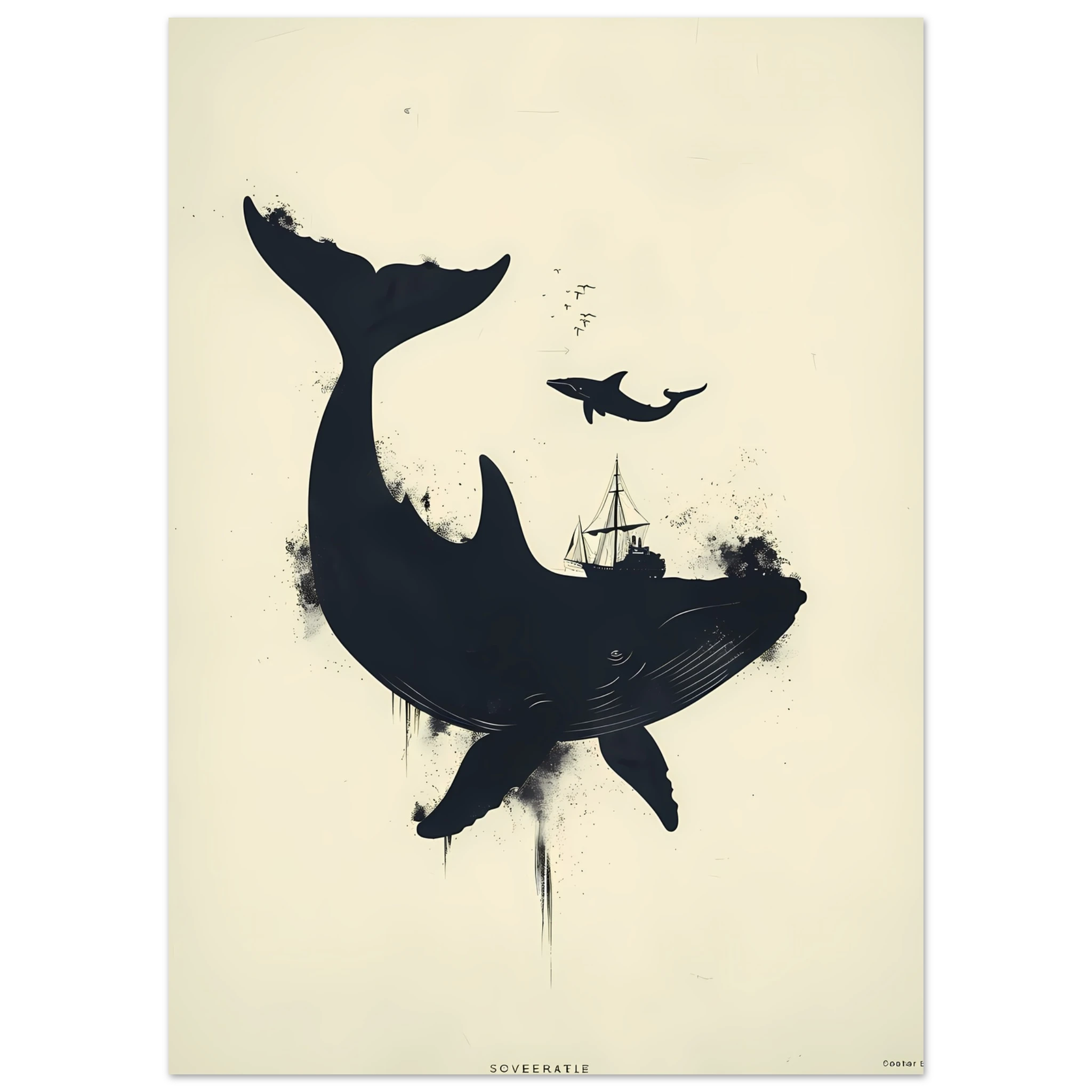 Simple navy whale silhouette on cream background — modern minimalist marine wall print.