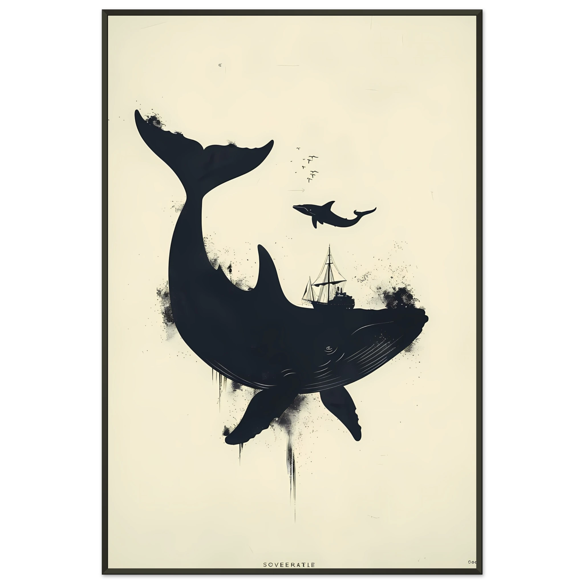 Simple navy whale silhouette on cream background — modern minimalist marine wall print.