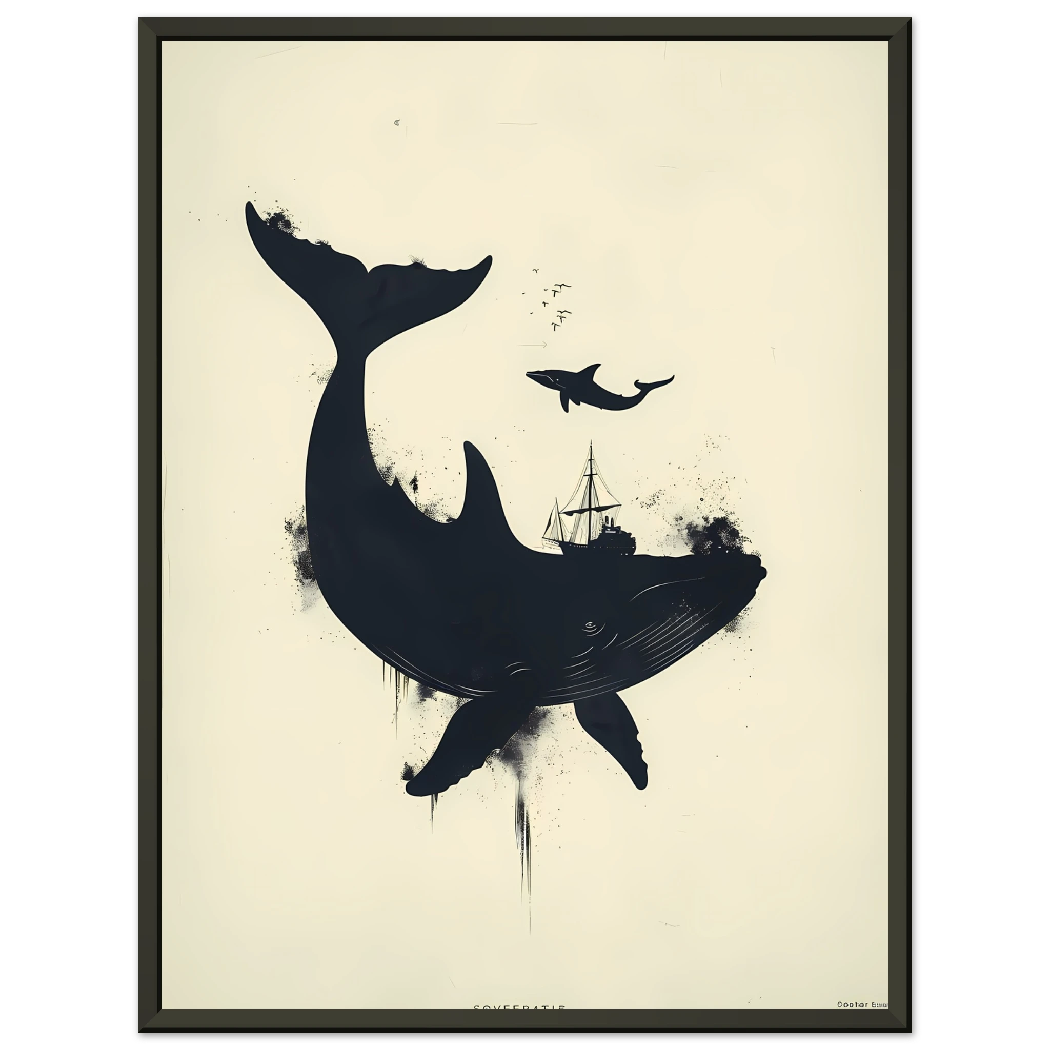 Simple navy whale silhouette on cream background — modern minimalist marine wall print.