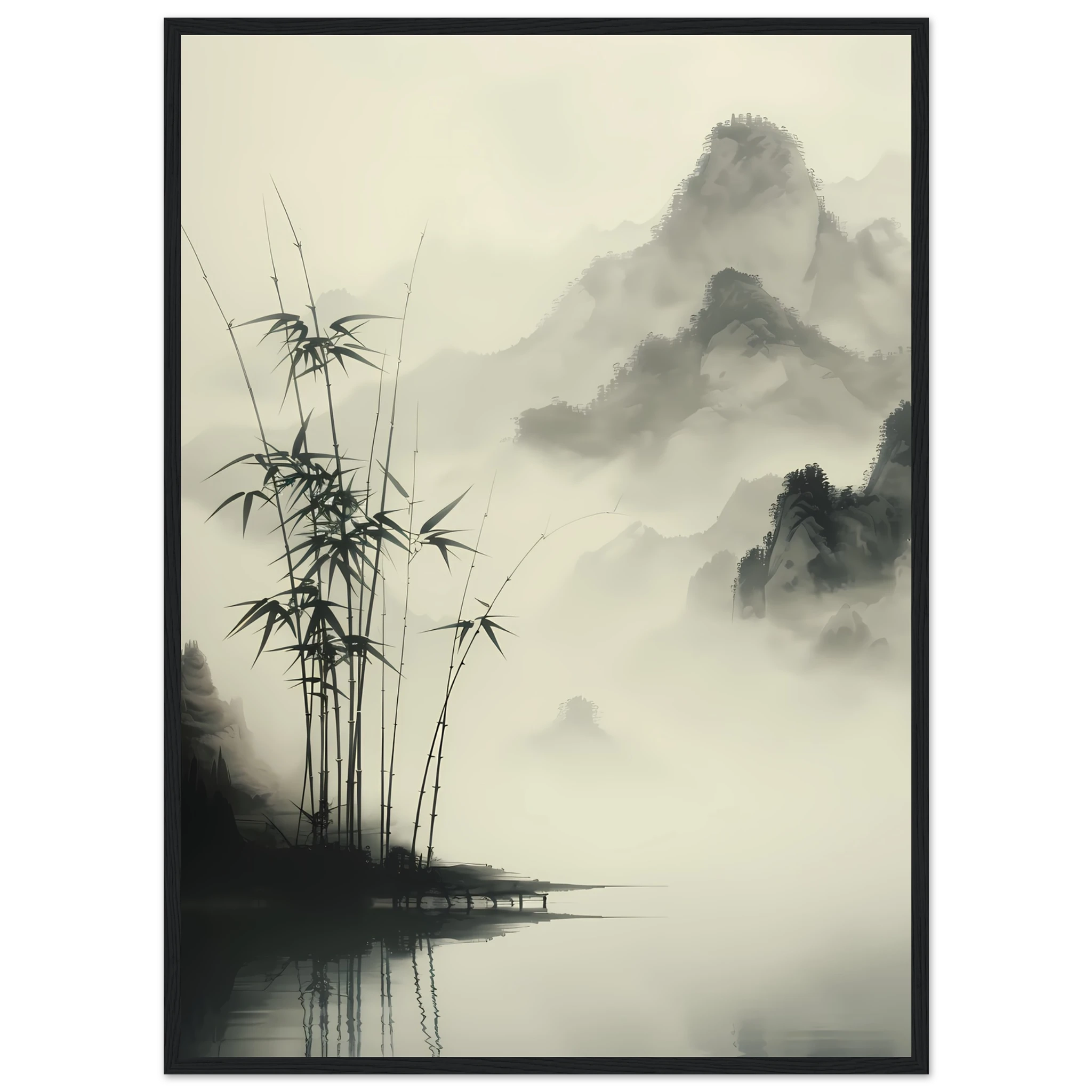 Zen-style sumi-e ink painting of bamboo grove — minimalist wall art print.