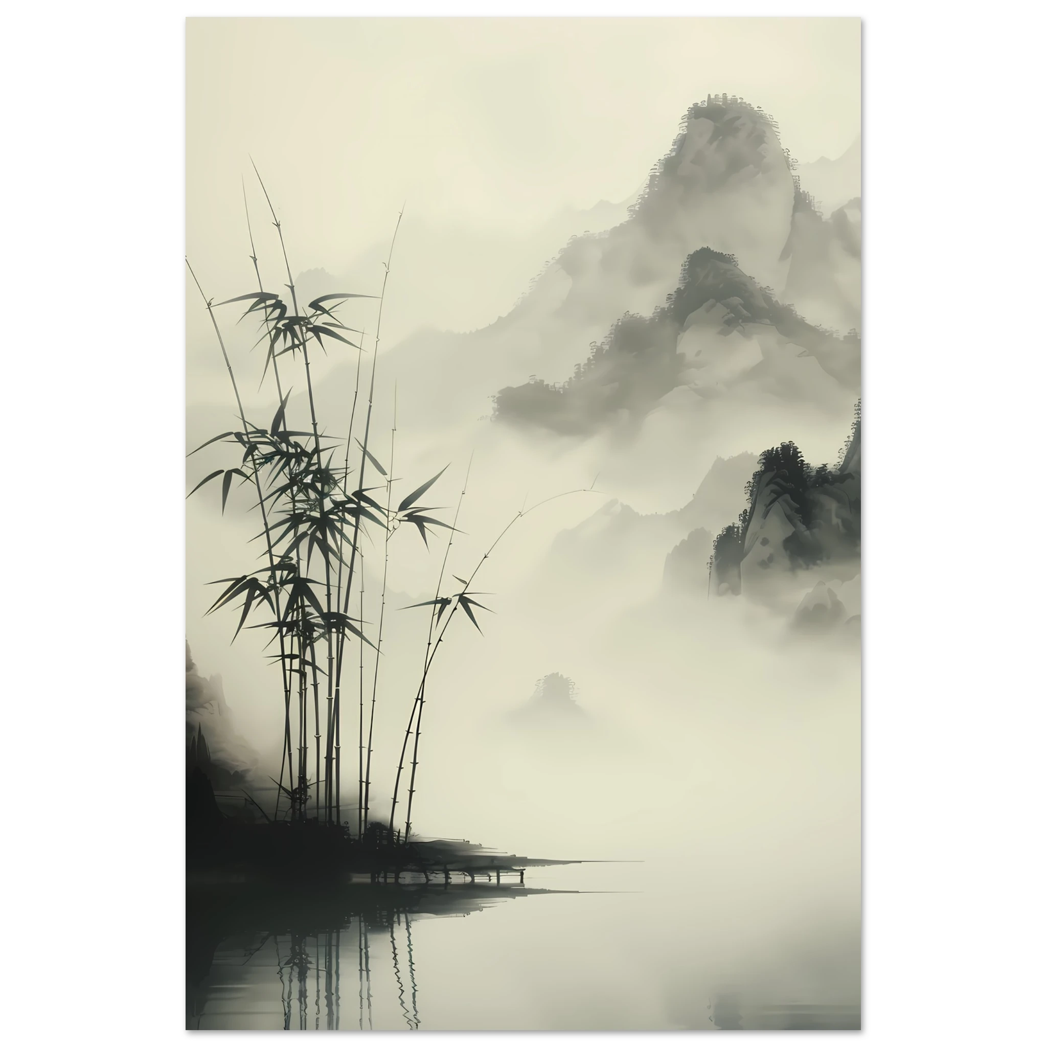 Zen-style sumi-e ink painting of bamboo grove — minimalist wall art print.