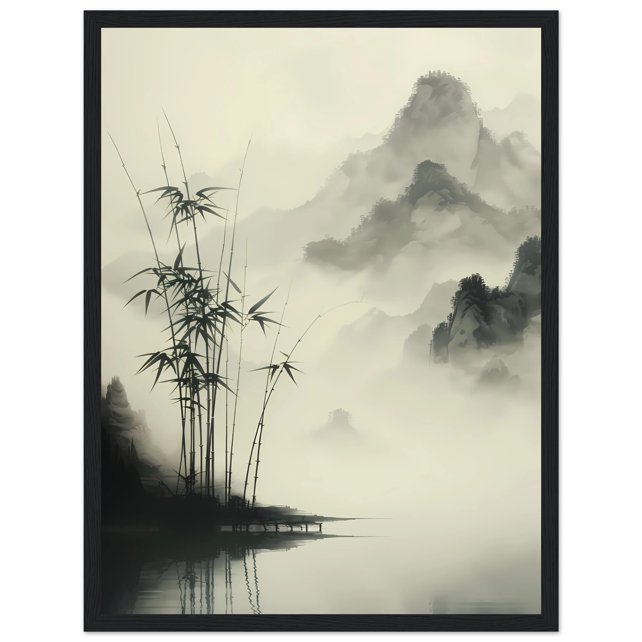 Zen-style sumi-e ink painting of bamboo grove — minimalist wall art print.