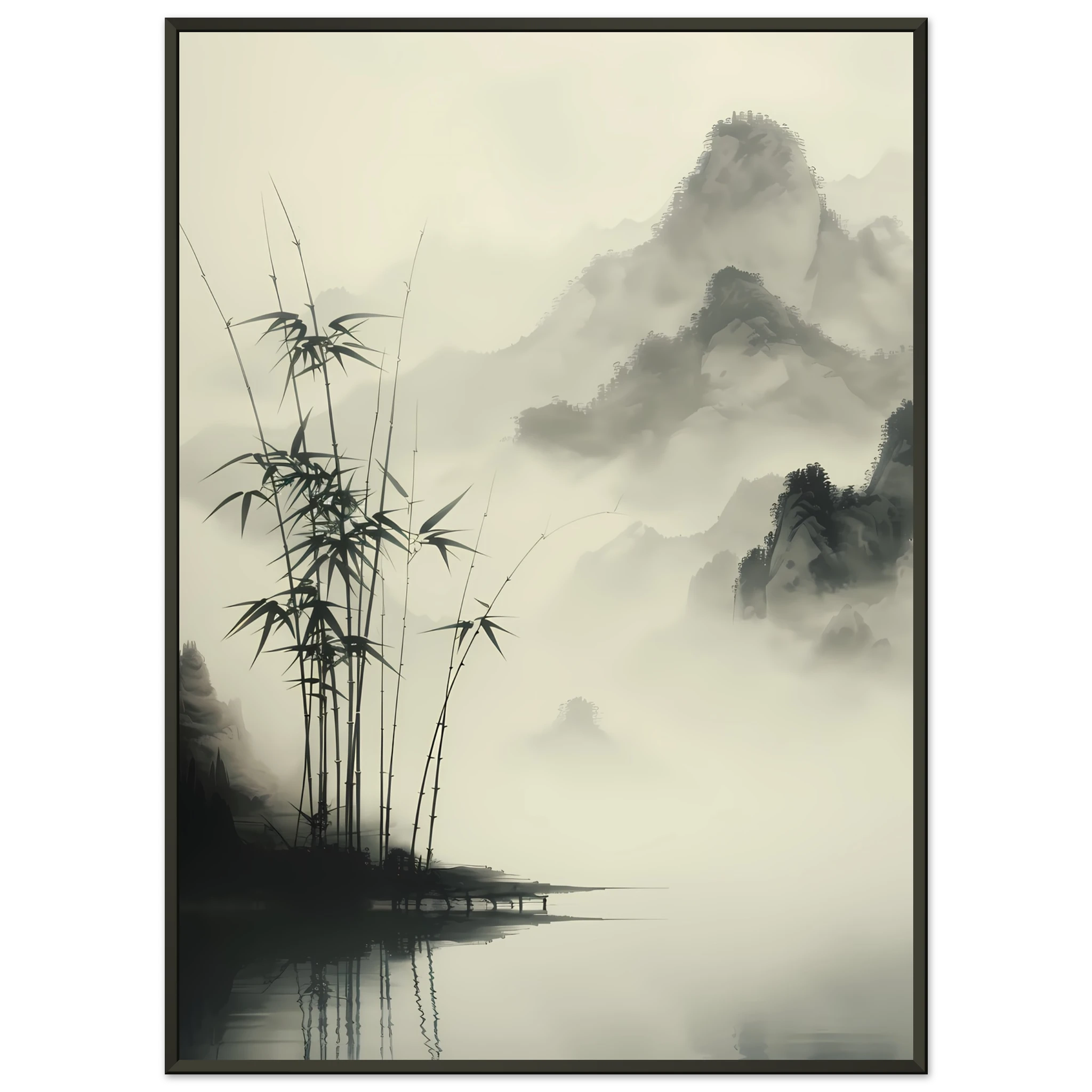 Zen-style sumi-e ink painting of bamboo grove — minimalist wall art print.