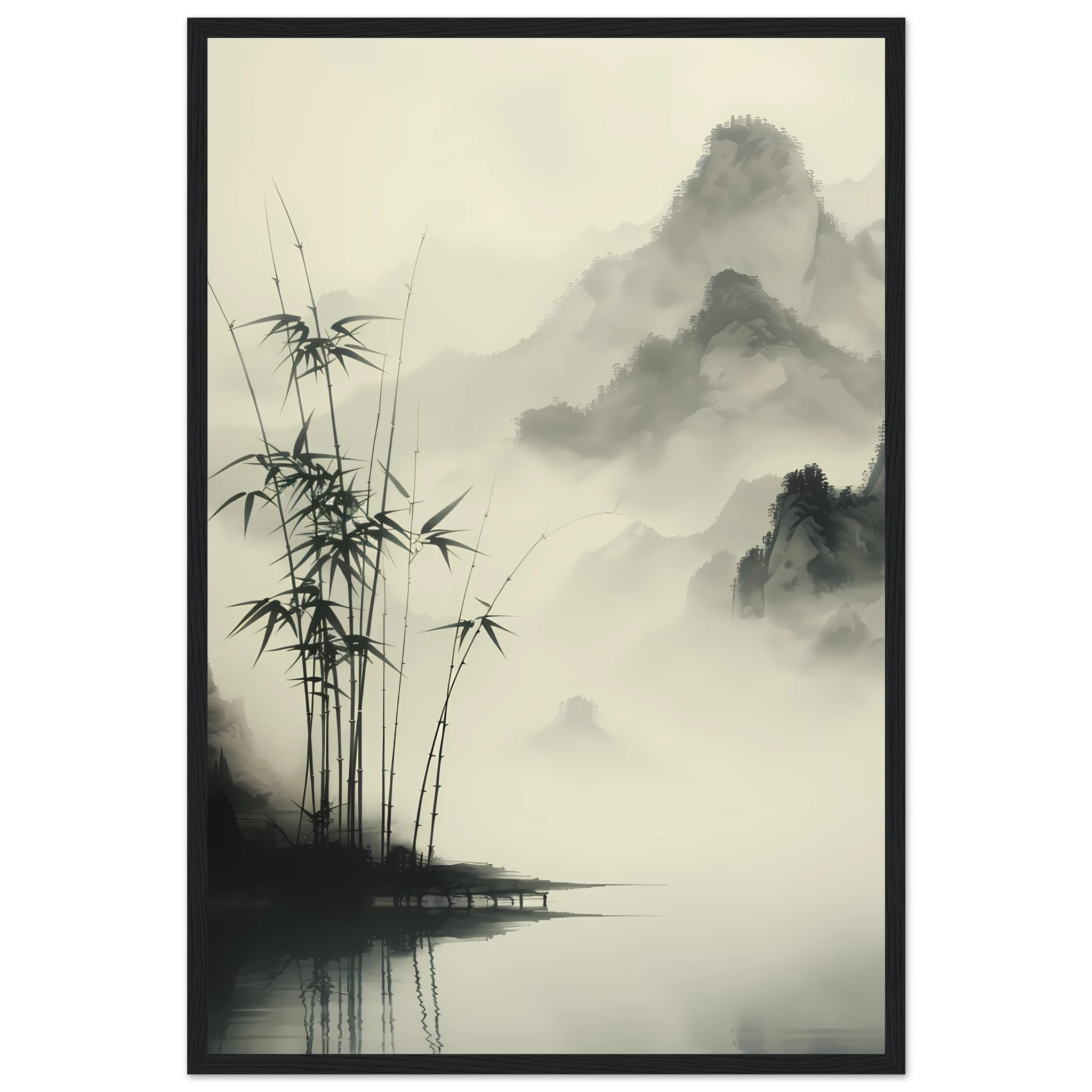 Zen-style sumi-e ink painting of bamboo grove — minimalist wall art print.