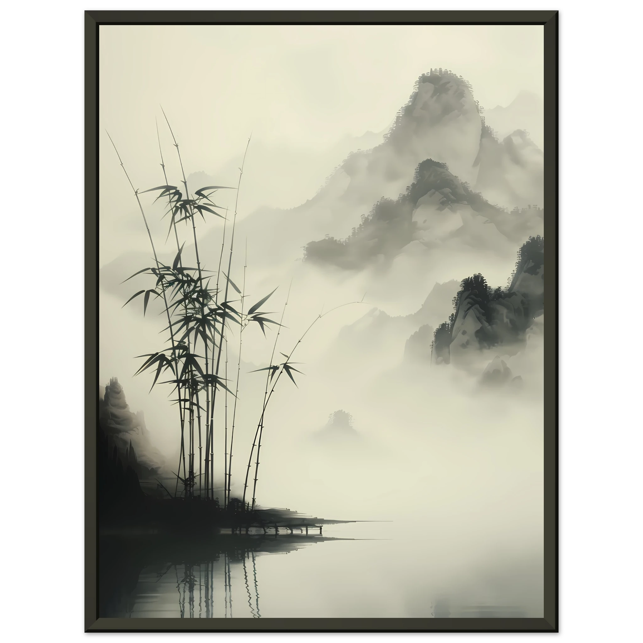 Zen-style sumi-e ink painting of bamboo grove — minimalist wall art print.