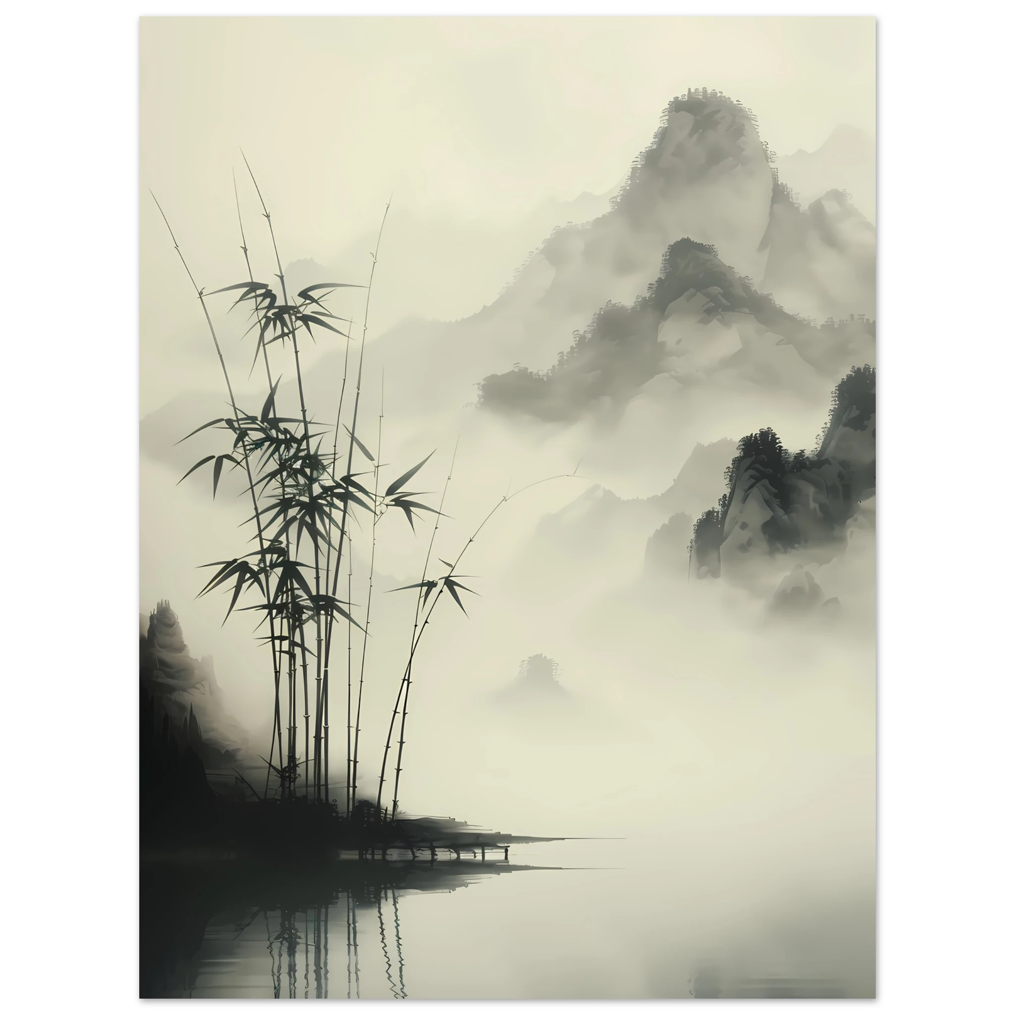 Zen-style sumi-e ink painting of bamboo grove — minimalist wall art print.
