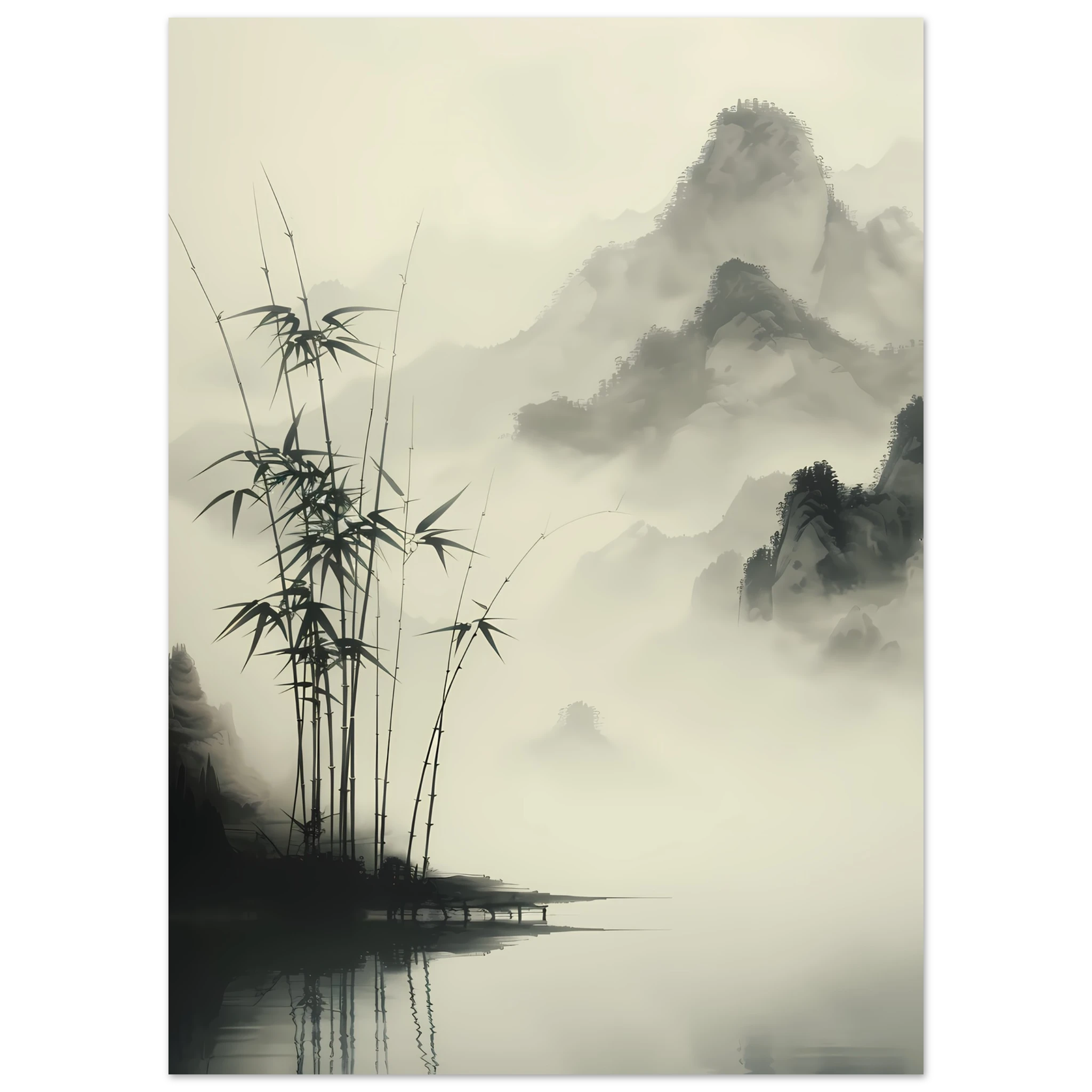 Zen-style sumi-e ink painting of bamboo grove — minimalist wall art print.