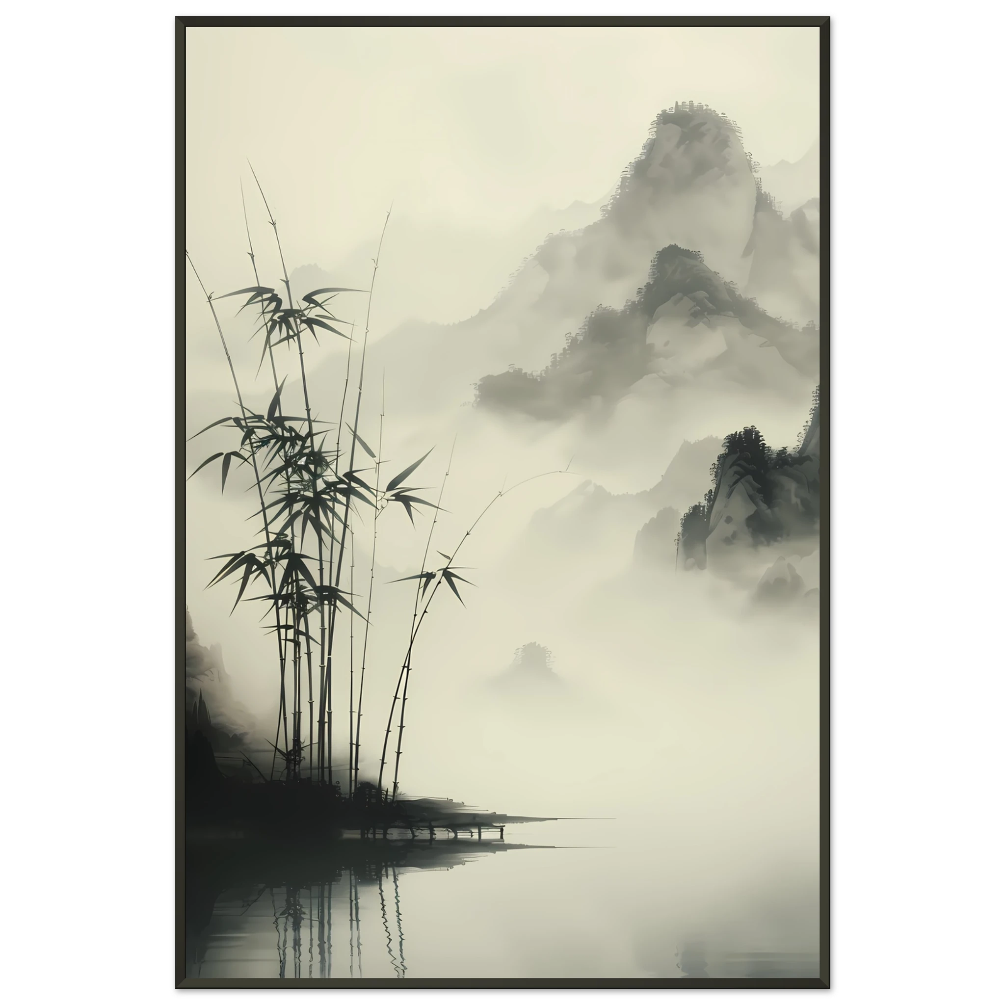 Zen-style sumi-e ink painting of bamboo grove — minimalist wall art print.