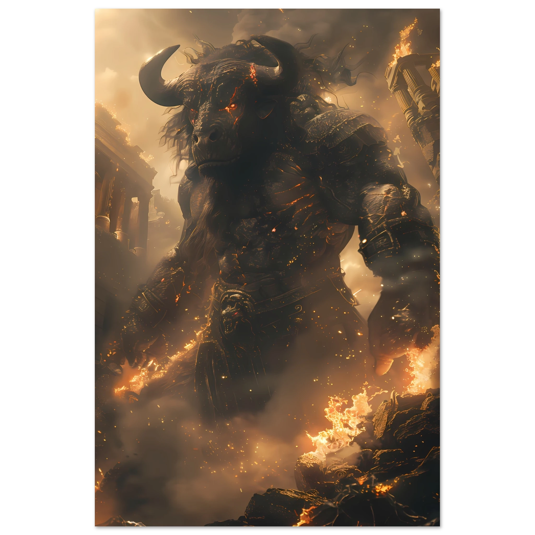 Minotaur in torch-lit labyrinth — dark Greek mythology fantasy wall art.