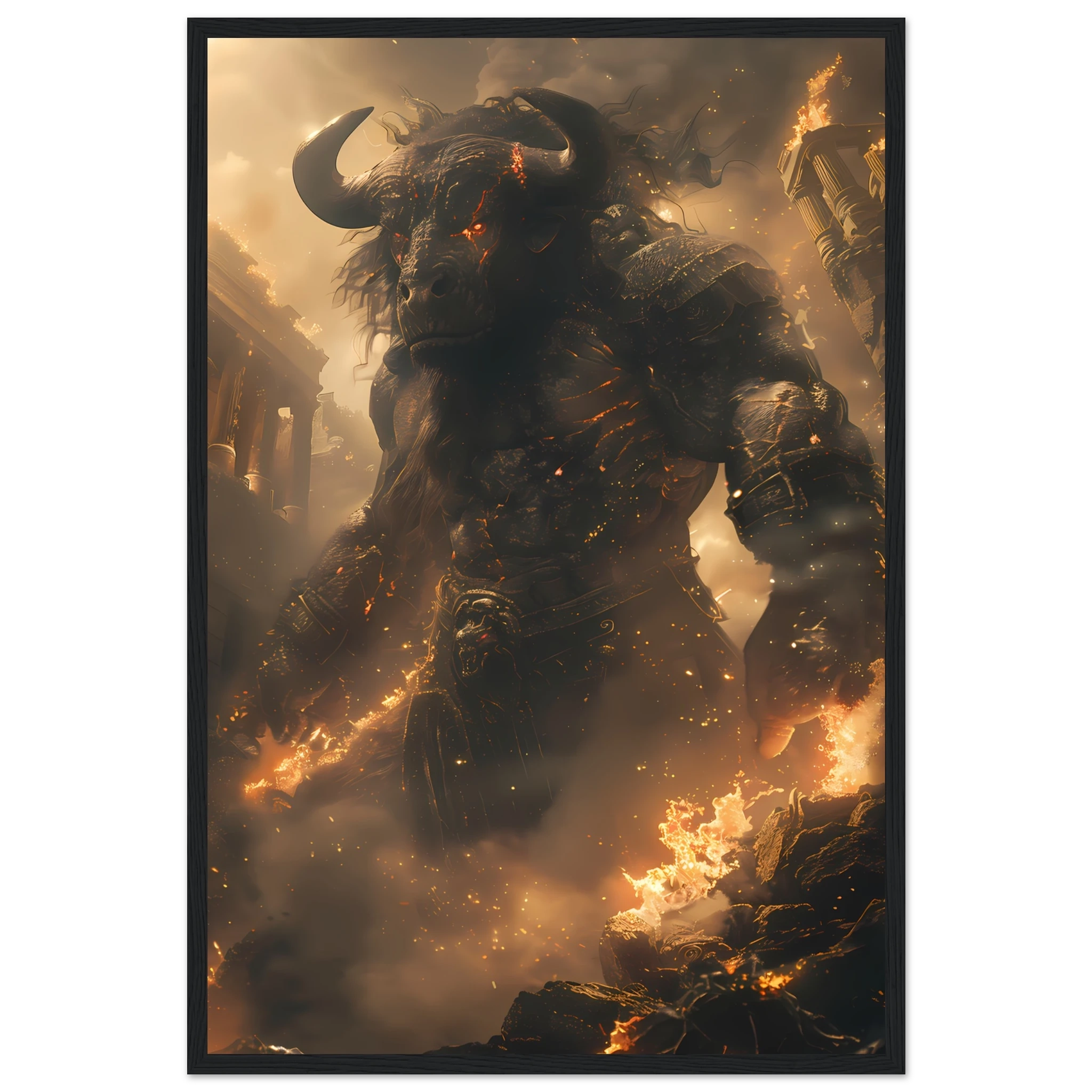 Minotaur in torch-lit labyrinth — dark Greek mythology fantasy wall art.