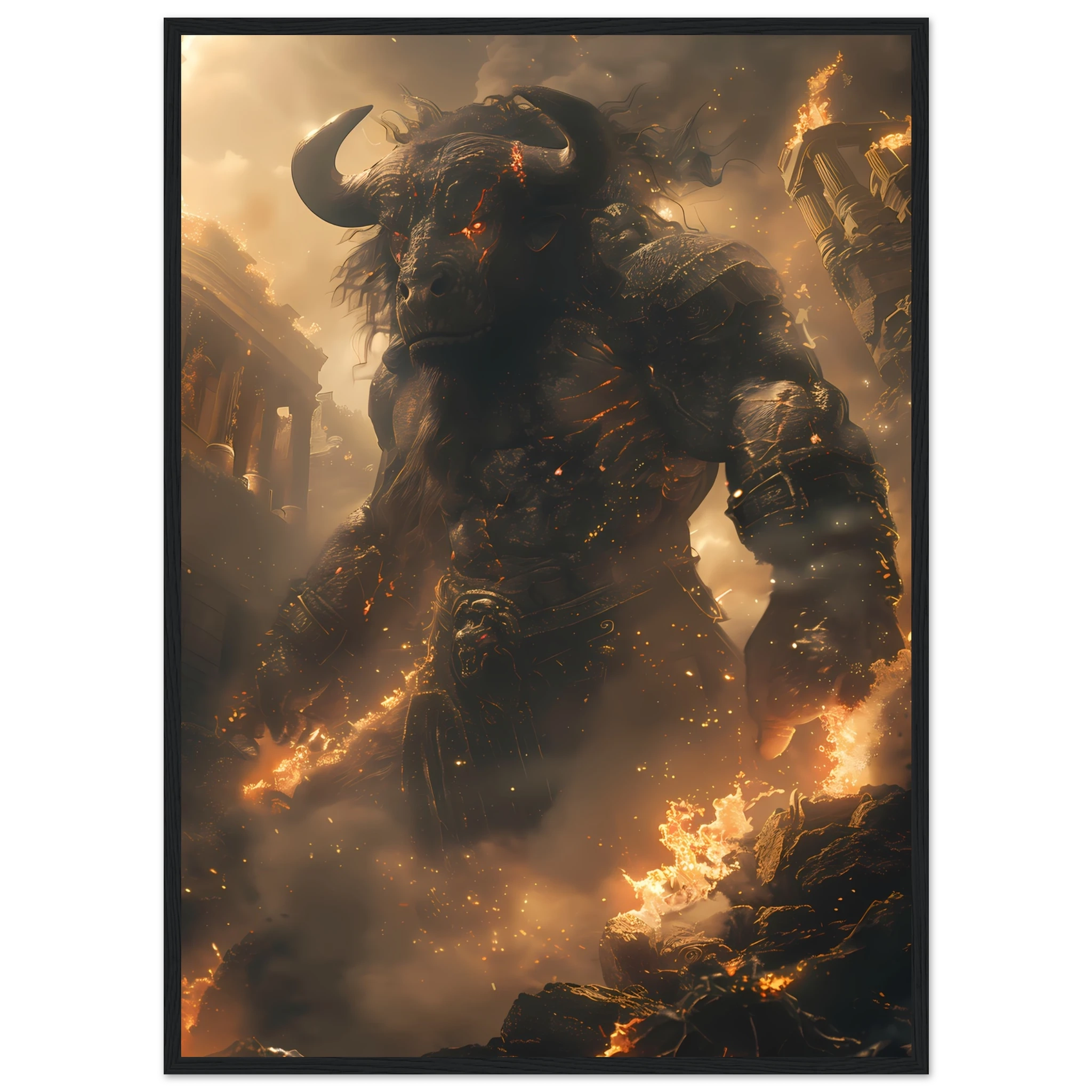 Minotaur in torch-lit labyrinth — dark Greek mythology fantasy wall art.
