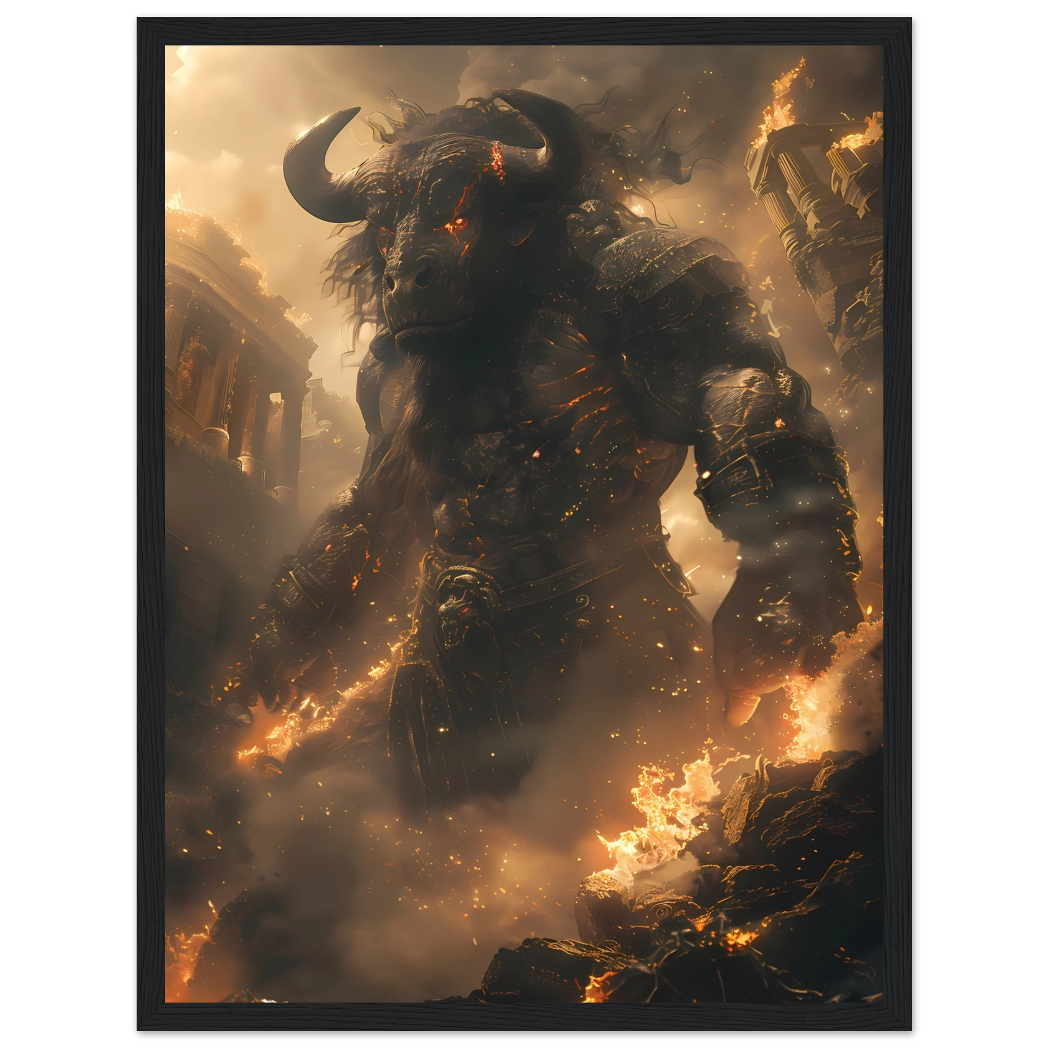 Minotaur in torch-lit labyrinth — dark Greek mythology fantasy wall art.