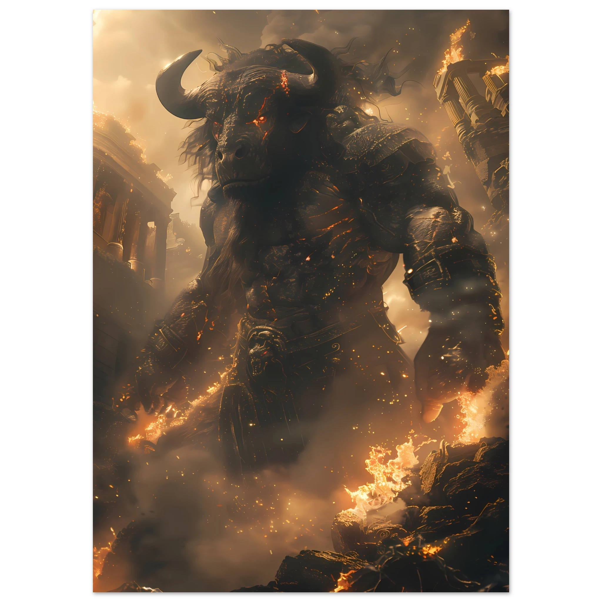 Minotaur in torch-lit labyrinth — dark Greek mythology fantasy wall art.