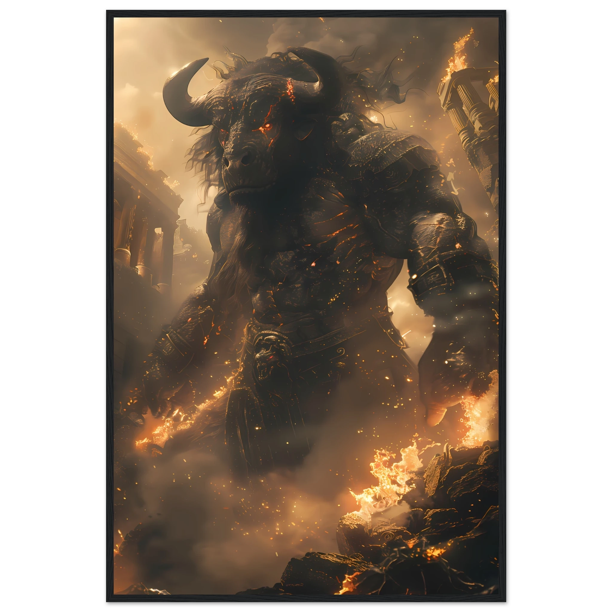 Minotaur in torch-lit labyrinth — dark Greek mythology fantasy wall art.