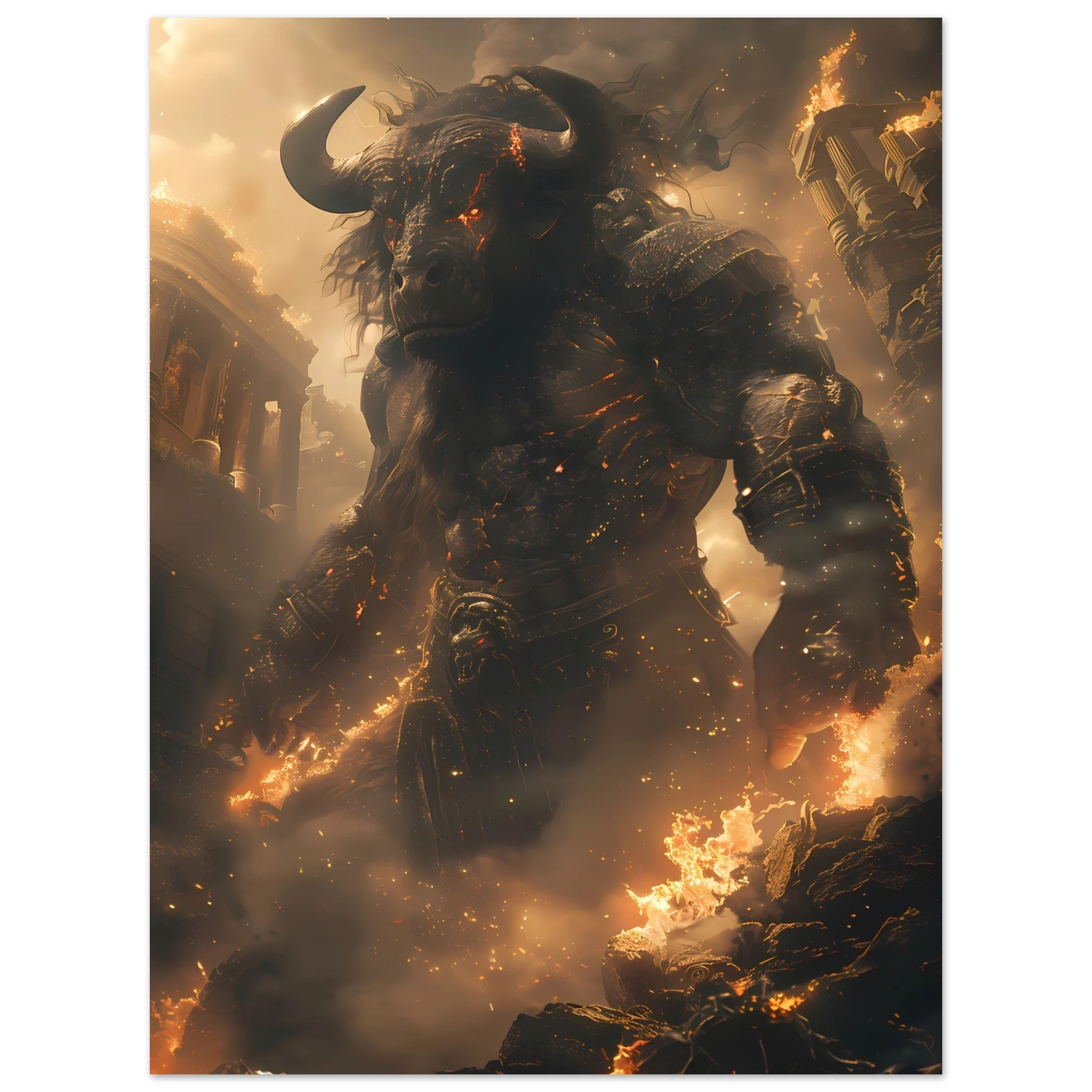 Minotaur in torch-lit labyrinth — dark Greek mythology fantasy wall art.