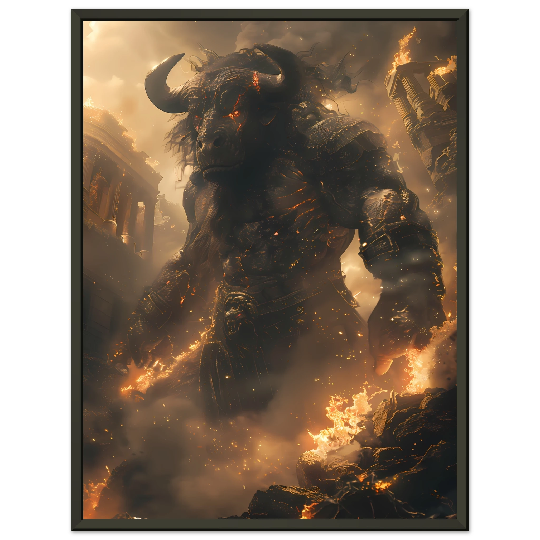 Minotaur in torch-lit labyrinth — dark Greek mythology fantasy wall art.