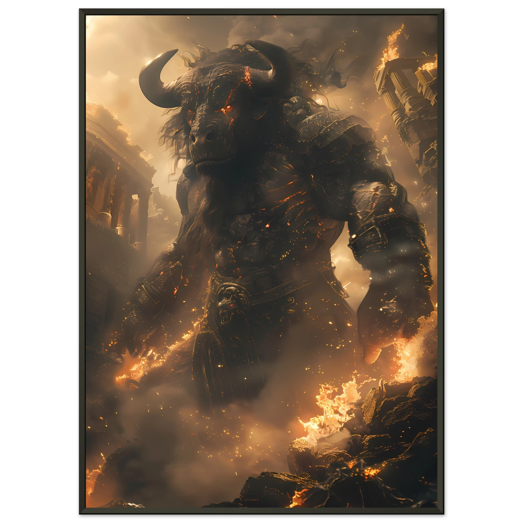 Minotaur in torch-lit labyrinth — dark Greek mythology fantasy wall art.