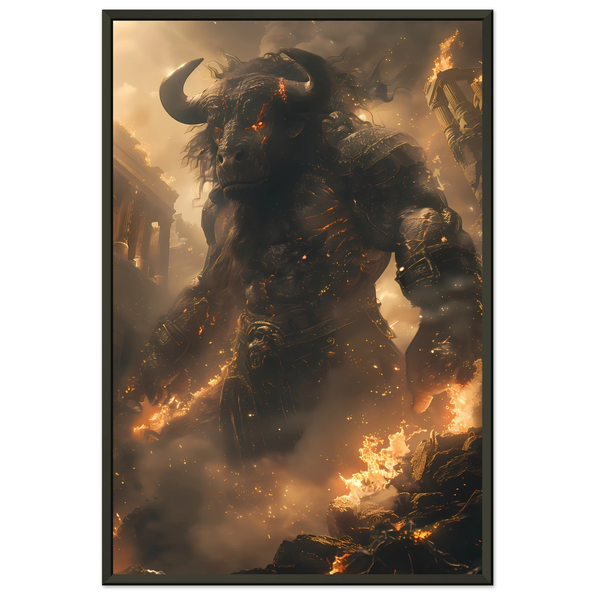 Minotaur in torch-lit labyrinth — dark Greek mythology fantasy wall art.