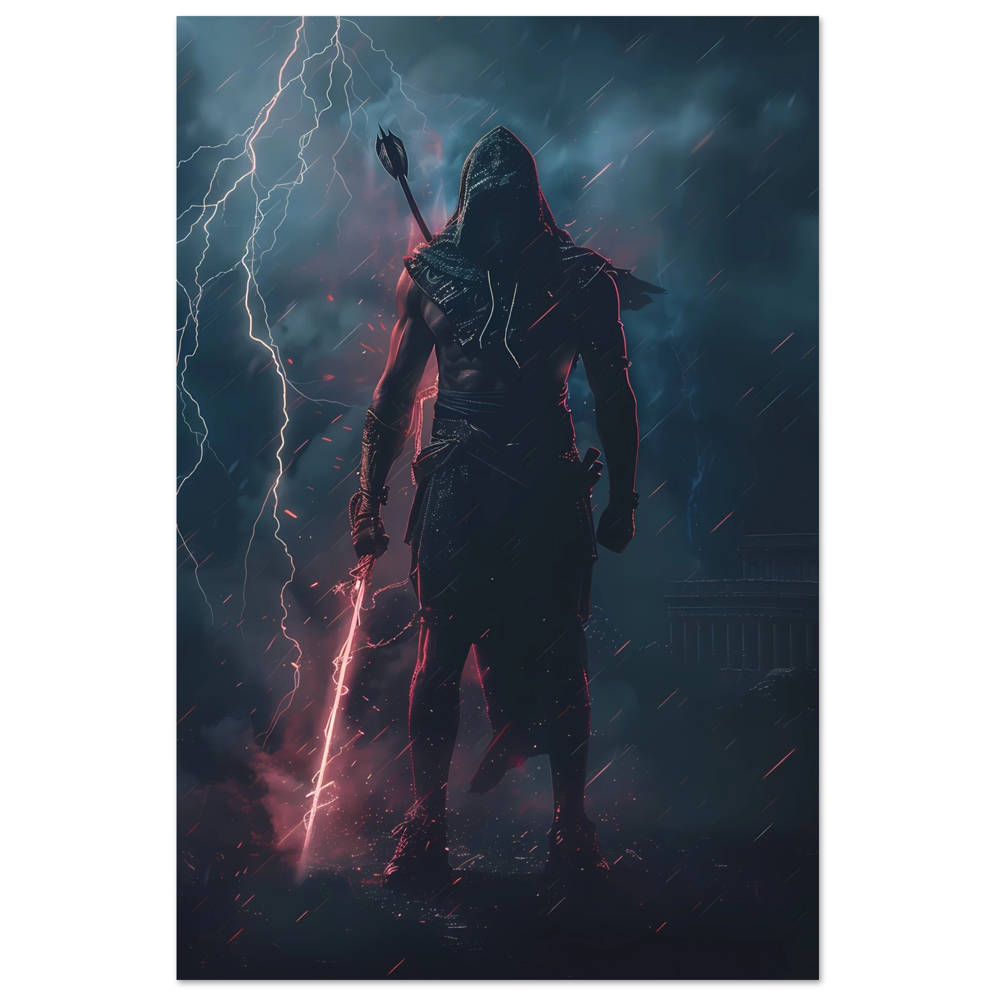 Gladiator with hoodie and sneakers holding a glowing spear in neon-lit arena — pop mashup.