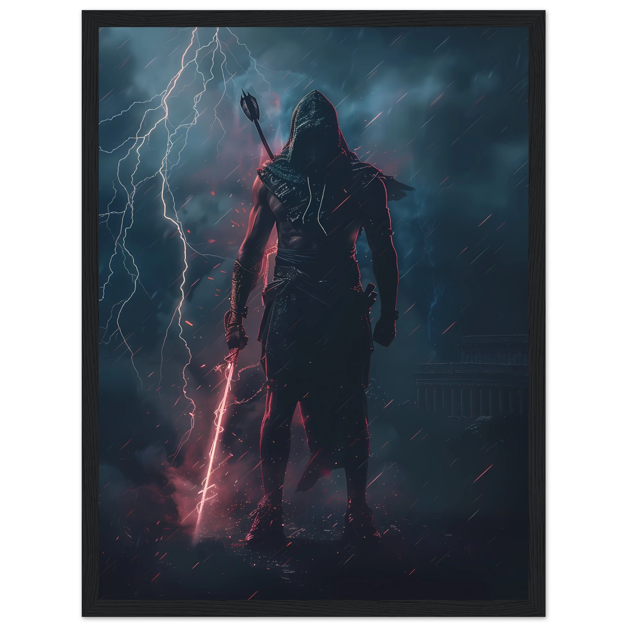 Gladiator with hoodie and sneakers holding a glowing spear in neon-lit arena — pop mashup.