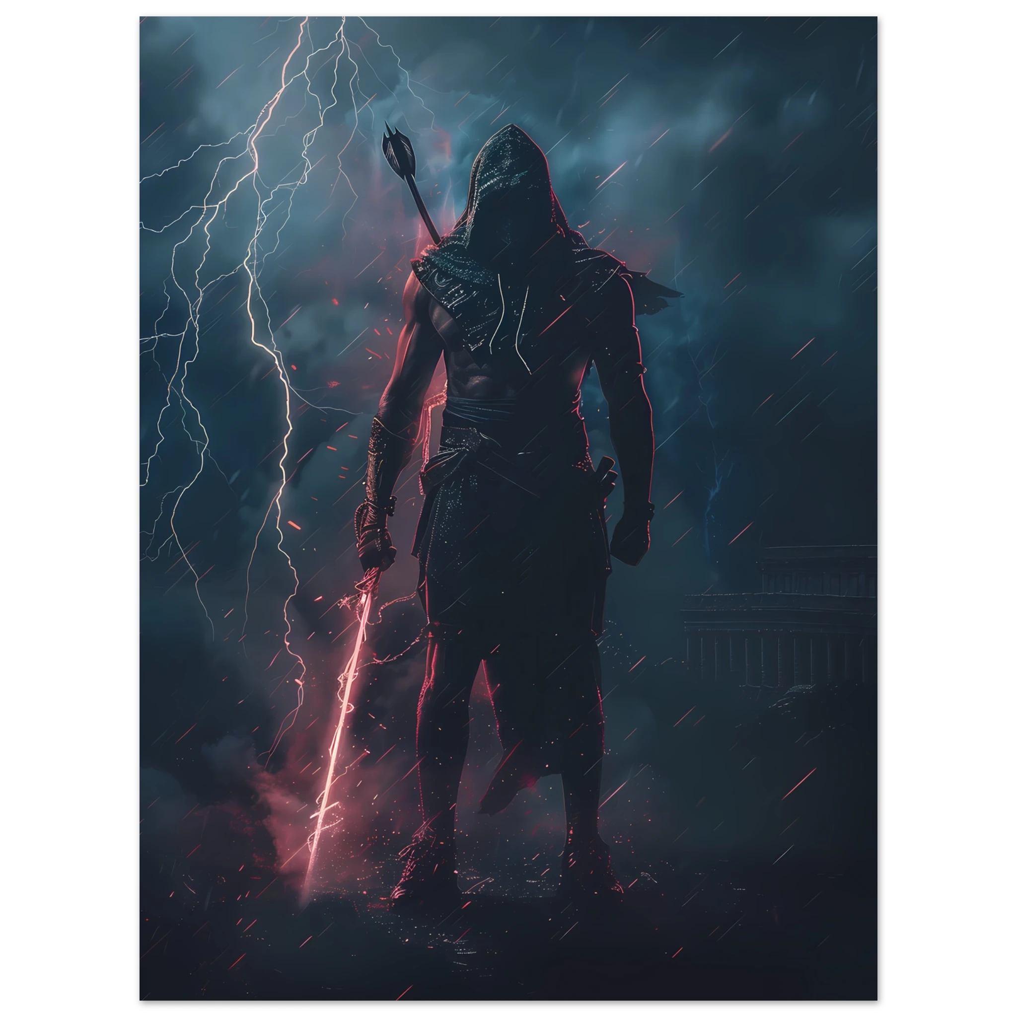 Gladiator with hoodie and sneakers holding a glowing spear in neon-lit arena — pop mashup.