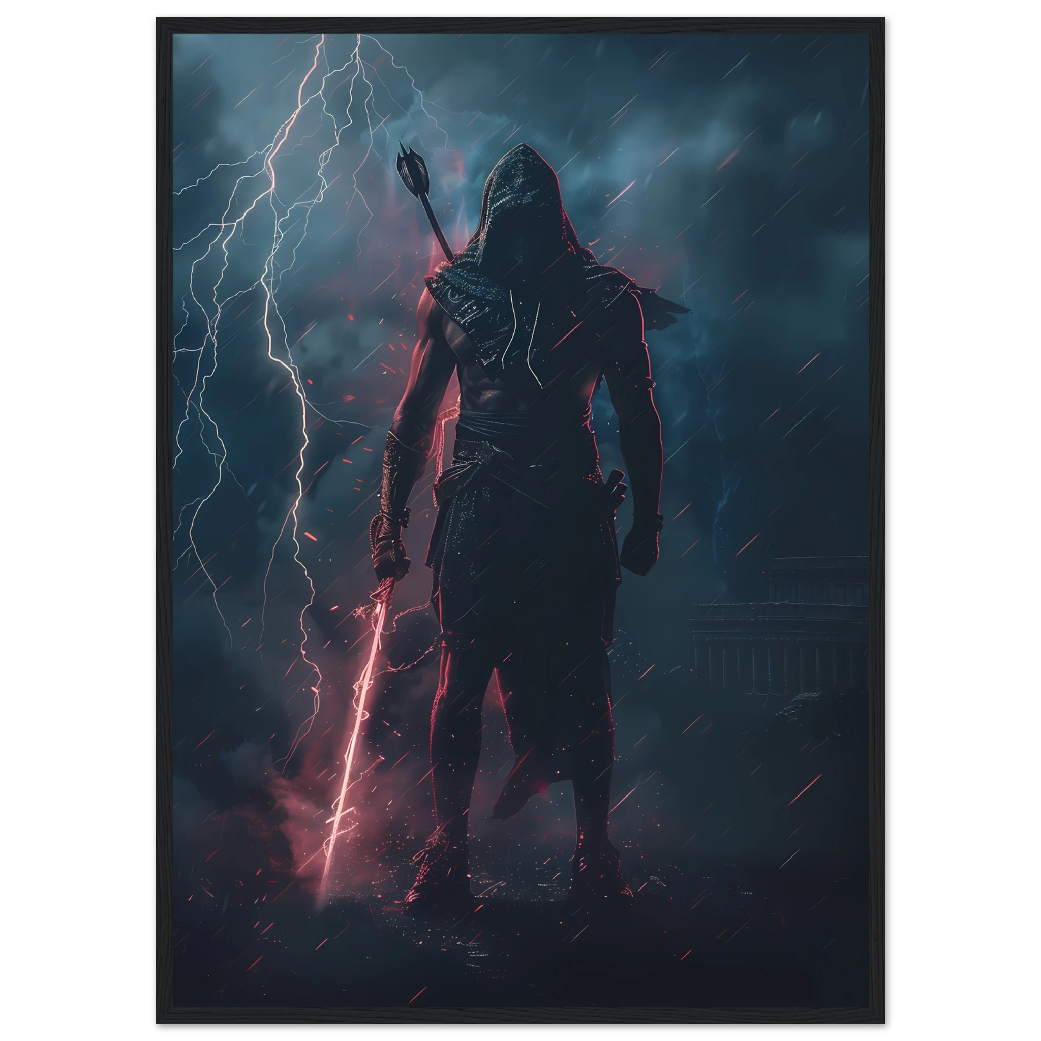 Gladiator with hoodie and sneakers holding a glowing spear in neon-lit arena — pop mashup.