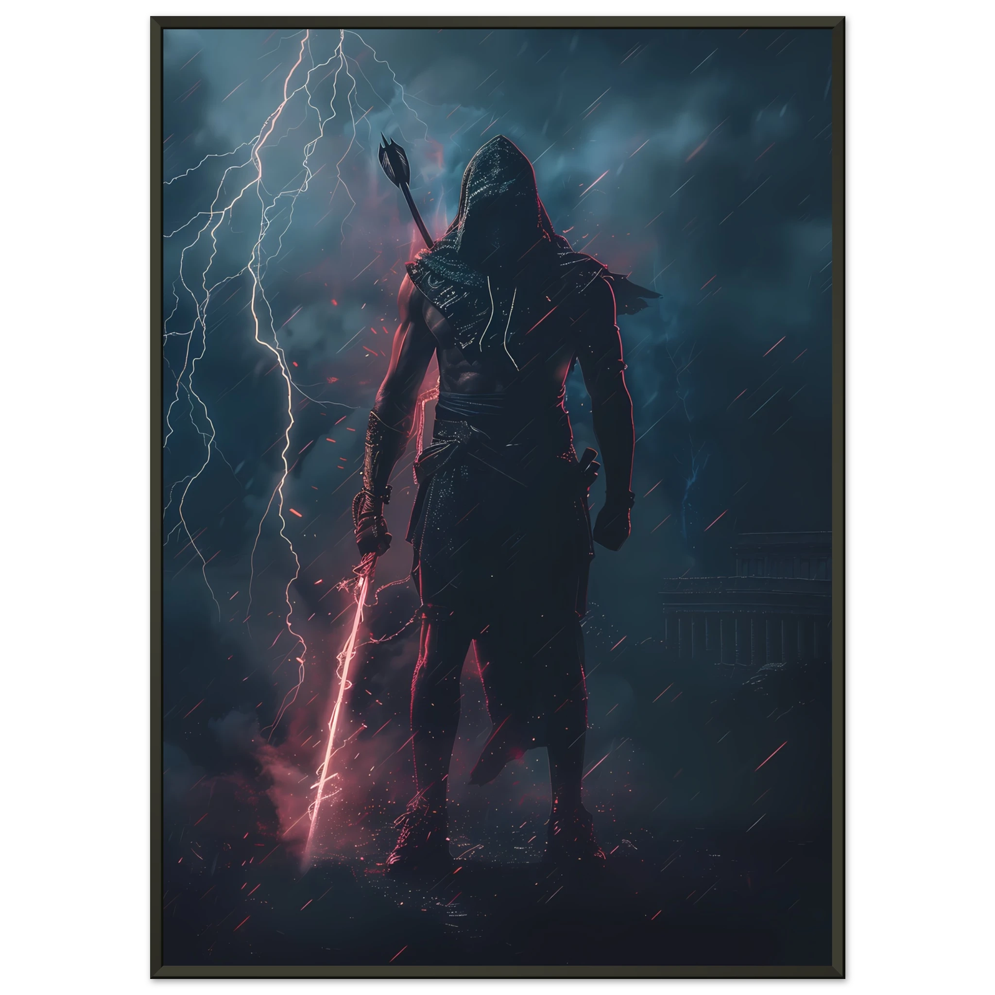 Gladiator with hoodie and sneakers holding a glowing spear in neon-lit arena — pop mashup.