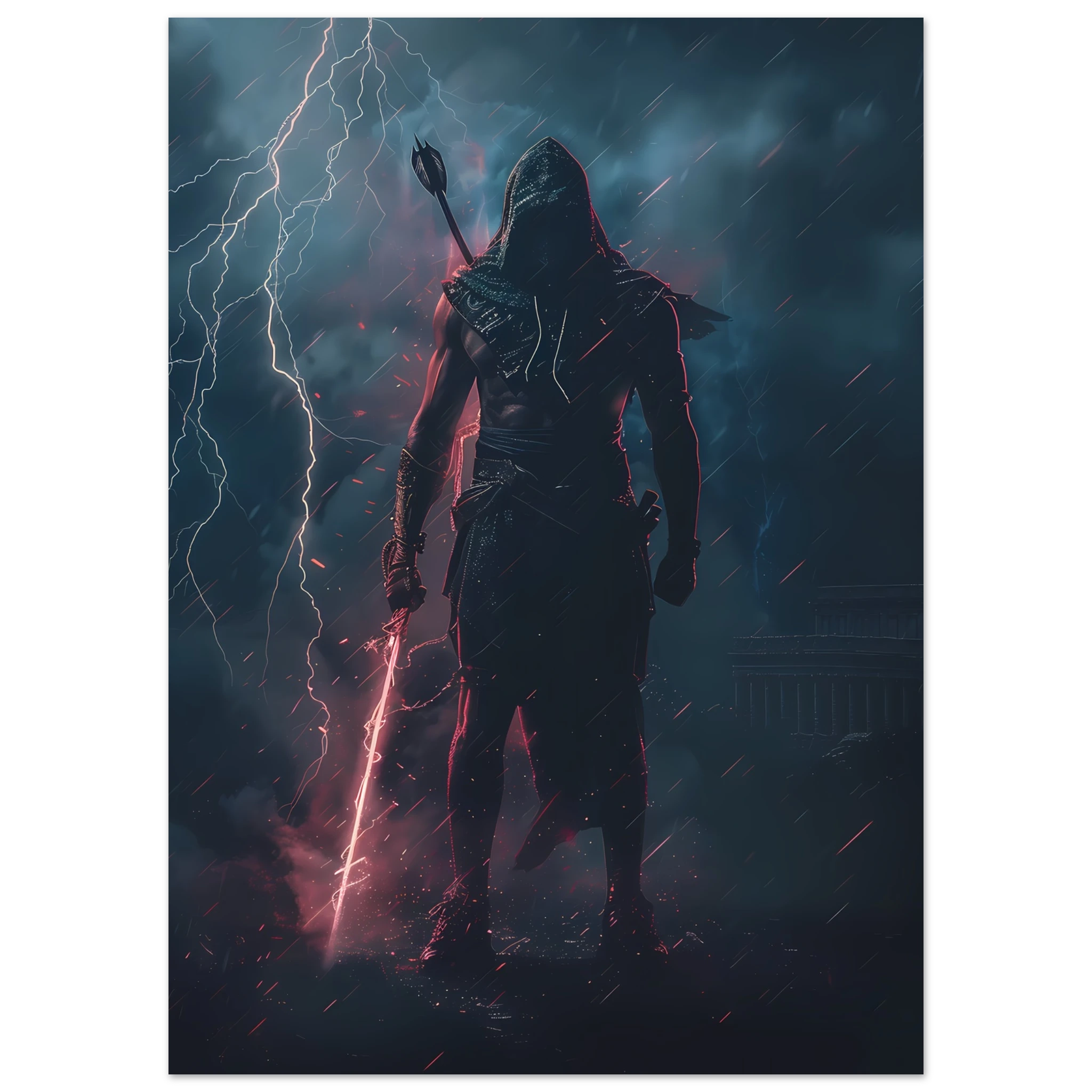 Gladiator with hoodie and sneakers holding a glowing spear in neon-lit arena — pop mashup.