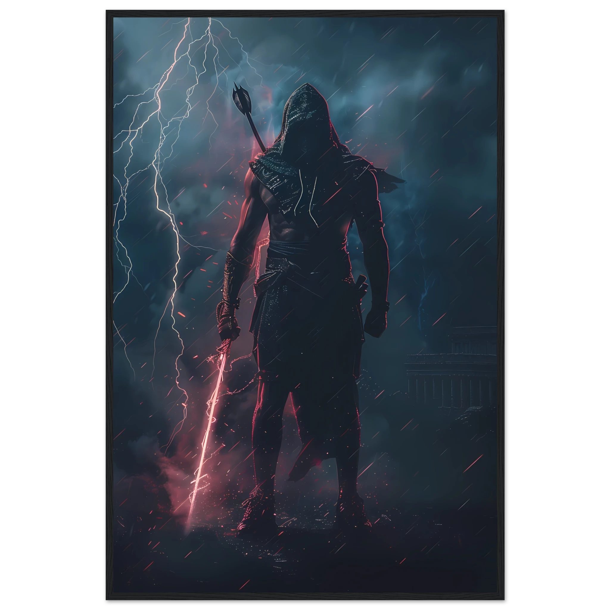 Gladiator with hoodie and sneakers holding a glowing spear in neon-lit arena — pop mashup.