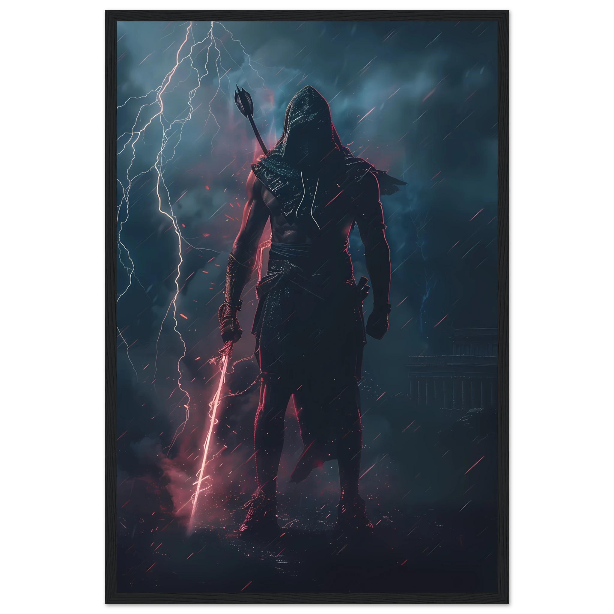 Gladiator with hoodie and sneakers holding a glowing spear in neon-lit arena — pop mashup.