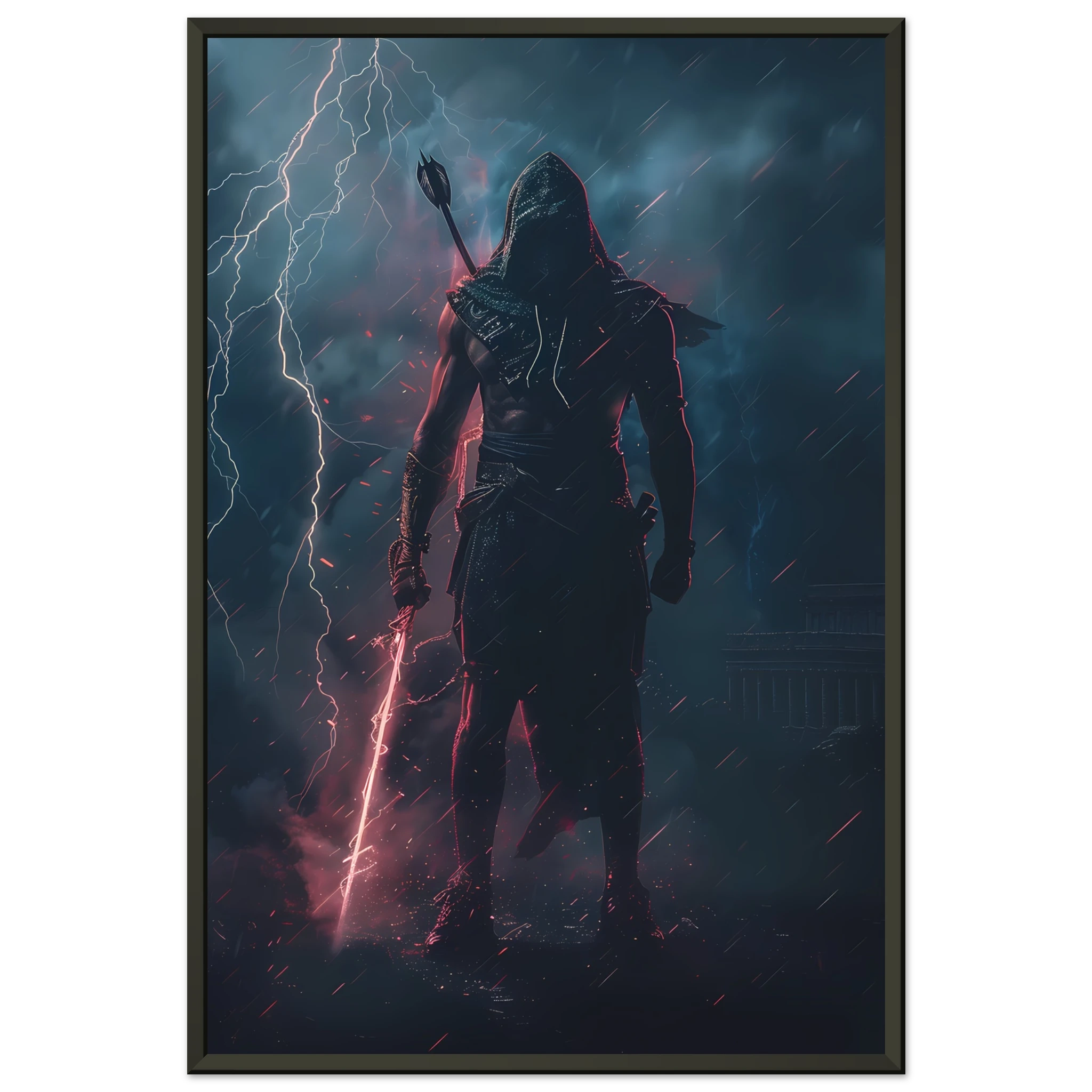Gladiator with hoodie and sneakers holding a glowing spear in neon-lit arena — pop mashup.