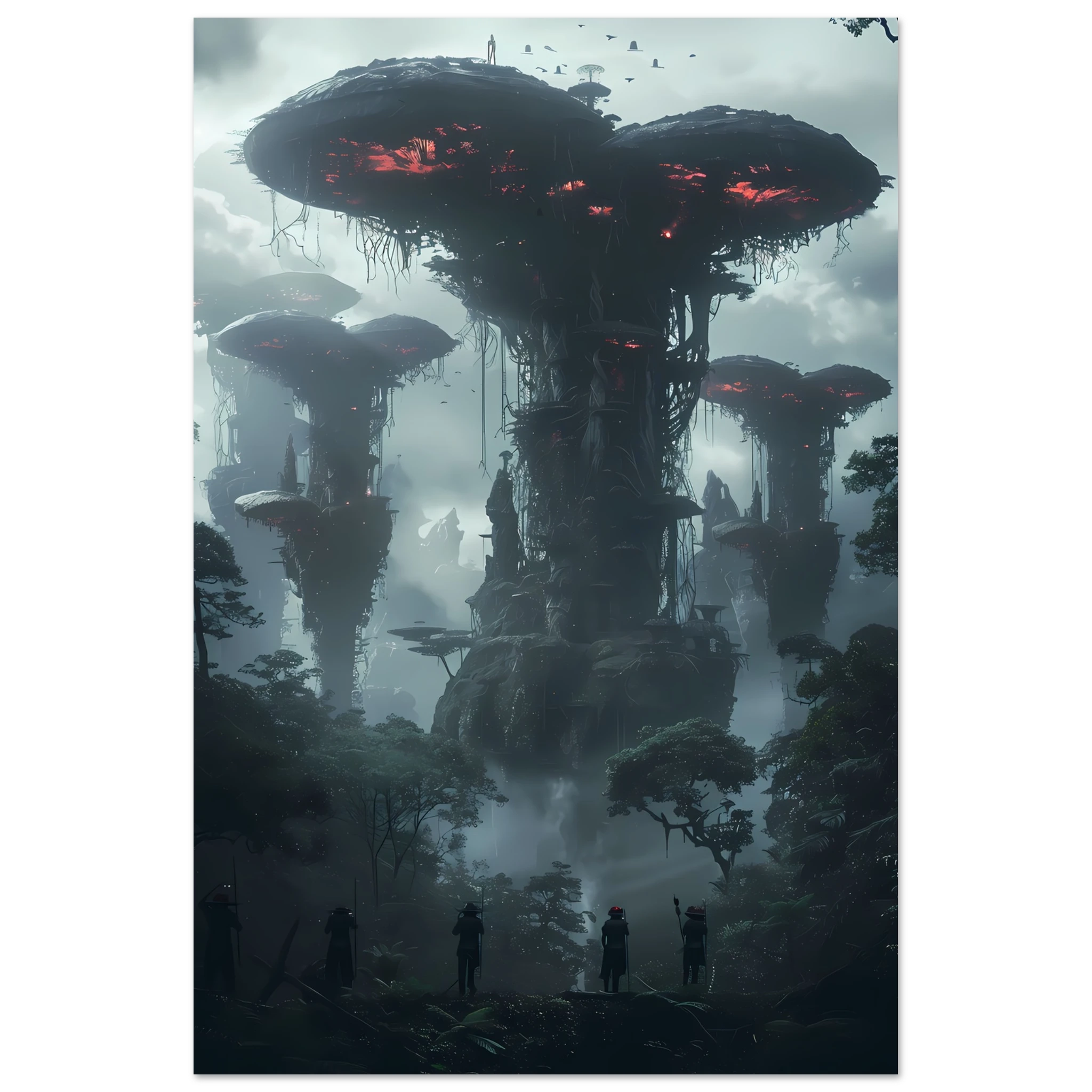 Surreal glowing forest filled with luminous mushrooms and vines — enchanted botanical fantasy print.